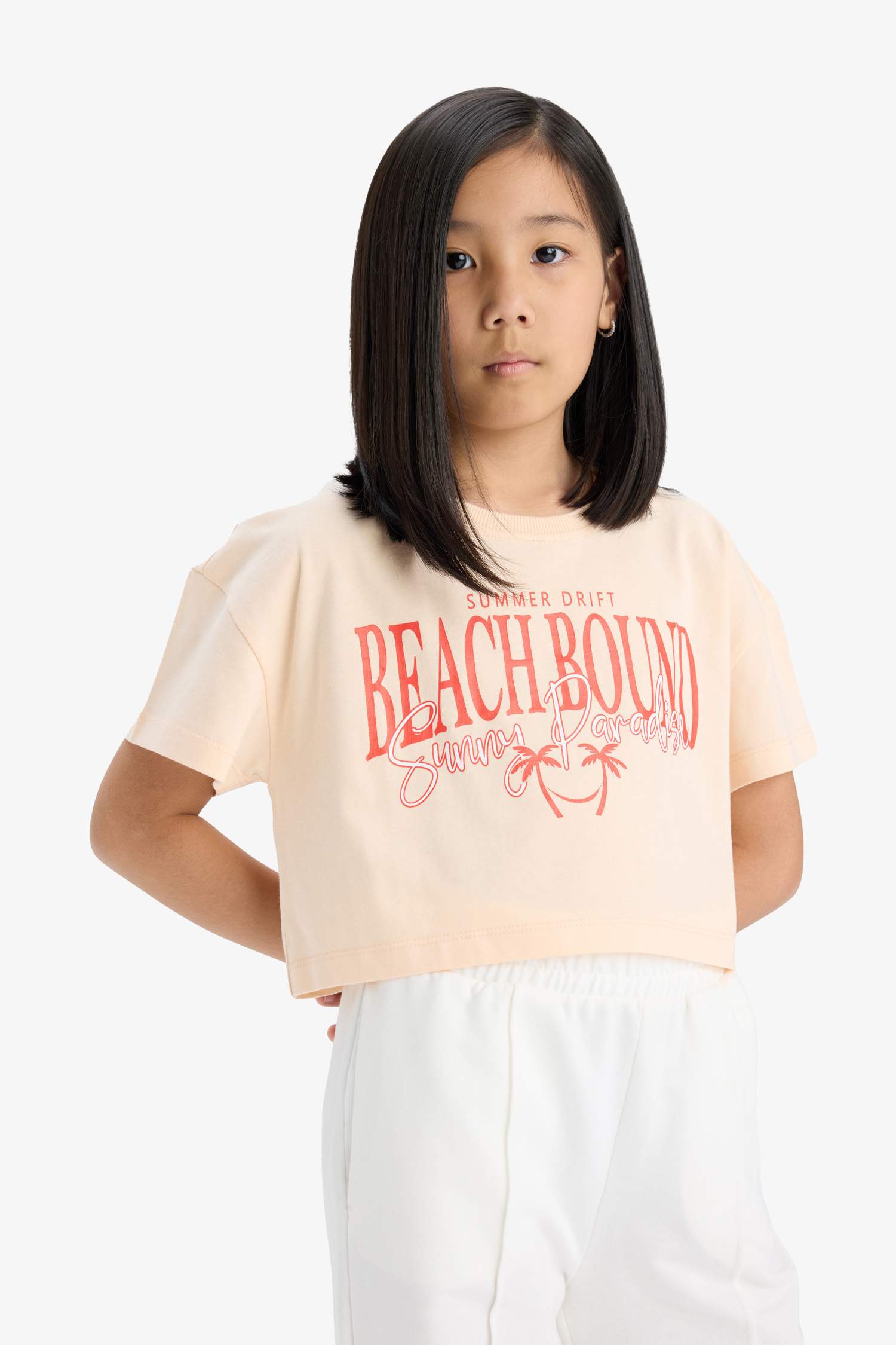 Kız Çocuk Crop Bisiklet Yaka Baskılı Kısa Kollu Tişört