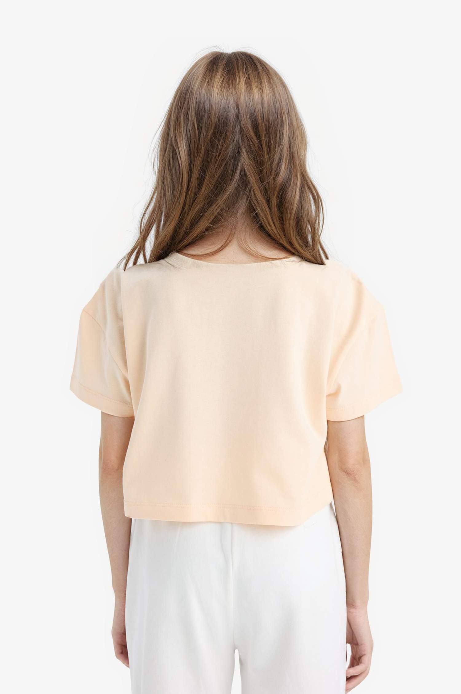 Kız Çocuk Crop Bisiklet Yaka Baskılı Kısa Kollu Tişört