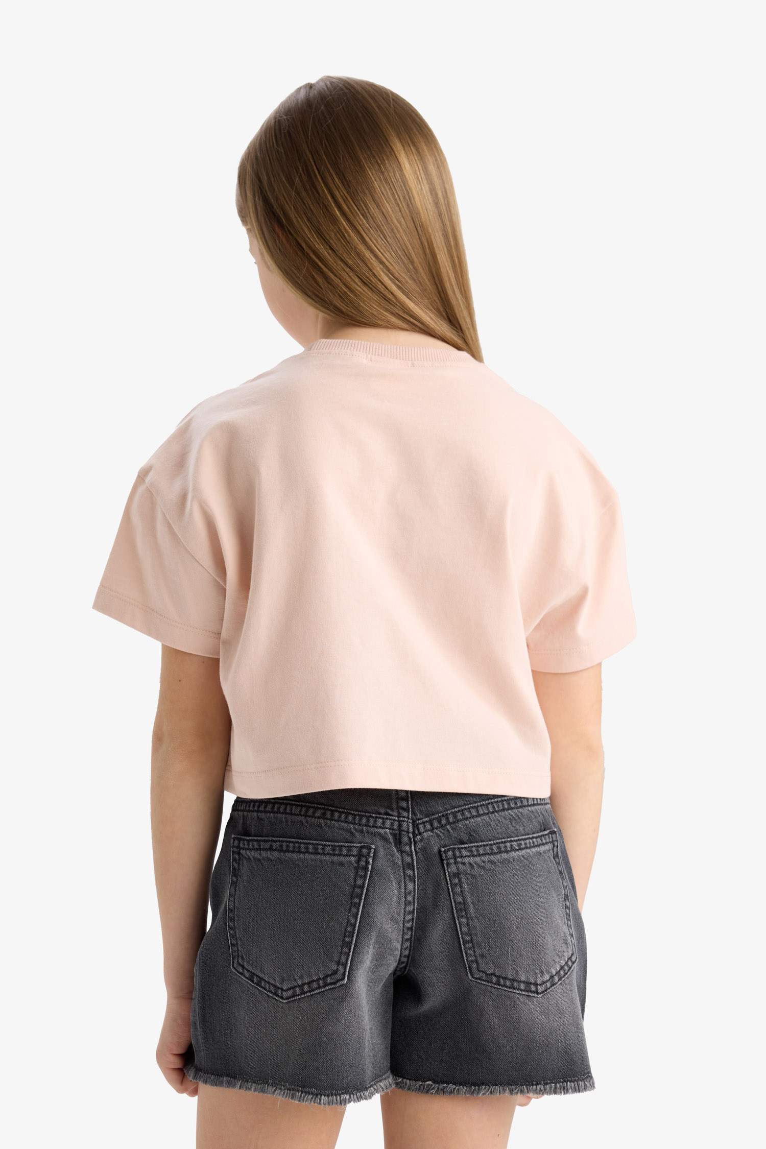 Kız Çocuk Crop Bisiklet Yaka Baskılı Kısa Kollu Tişört