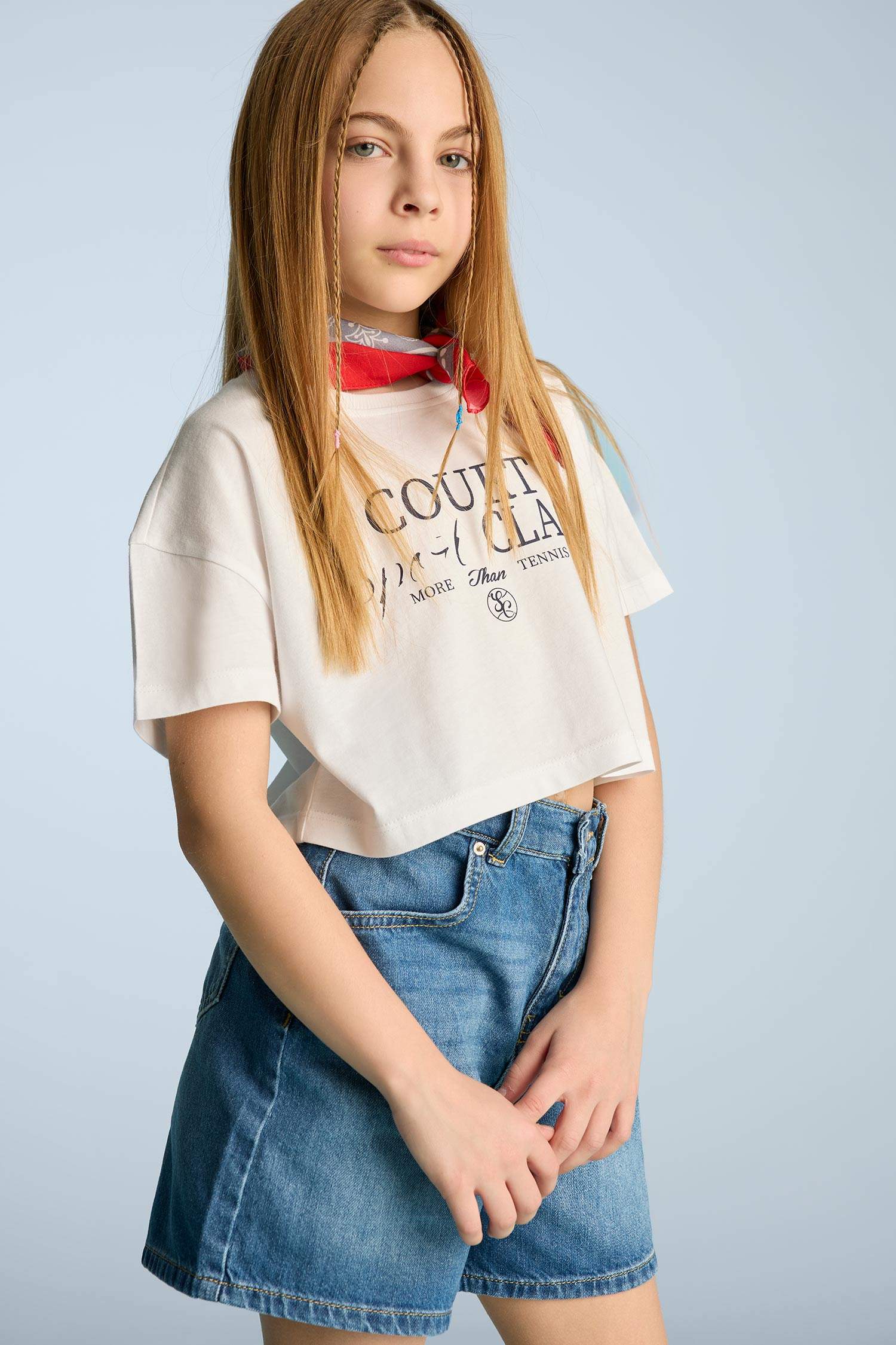 Kız Çocuk Crop Bisiklet Yaka Baskılı Kısa Kollu Tişört