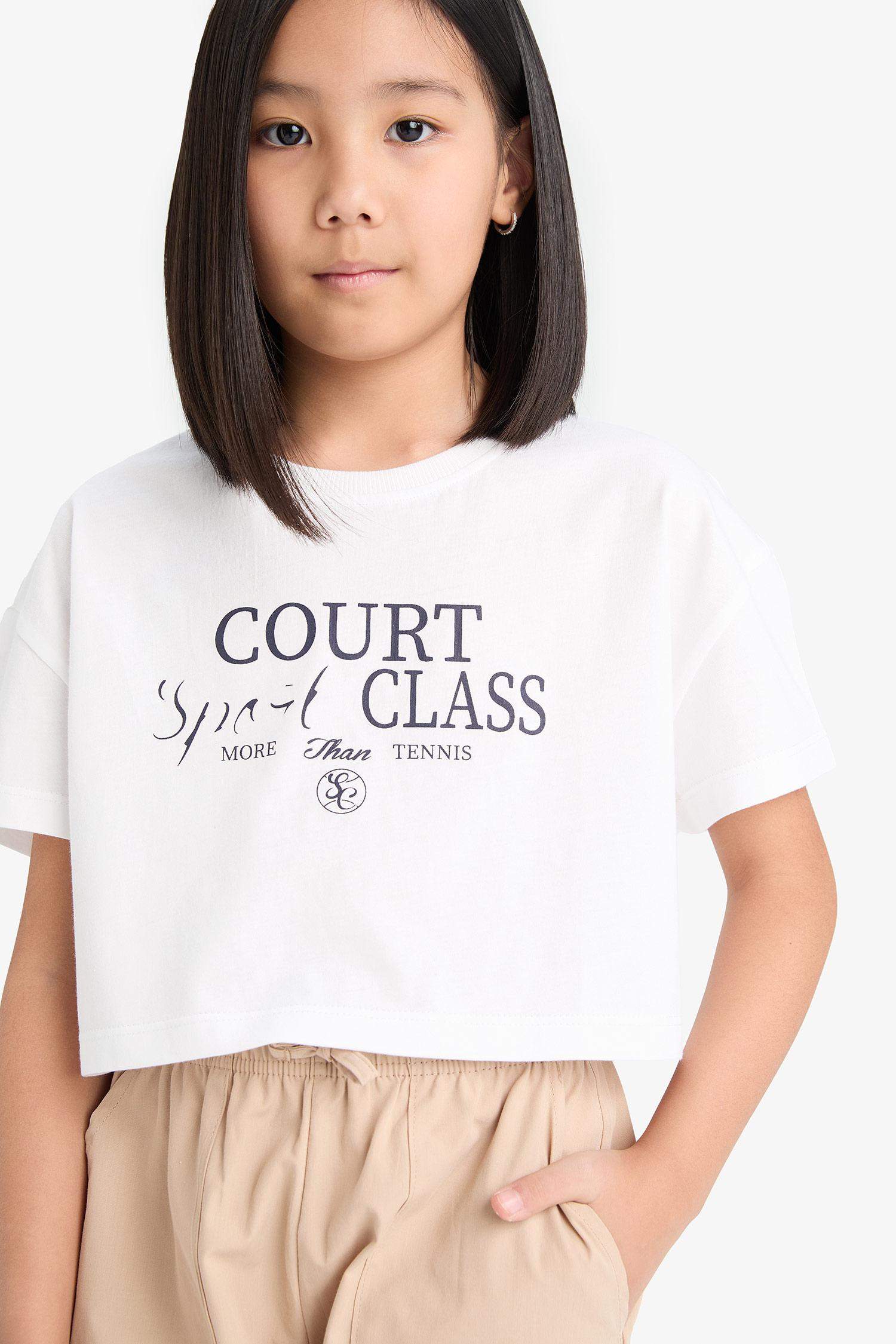 Kız Çocuk Crop Bisiklet Yaka Baskılı Kısa Kollu Tişört