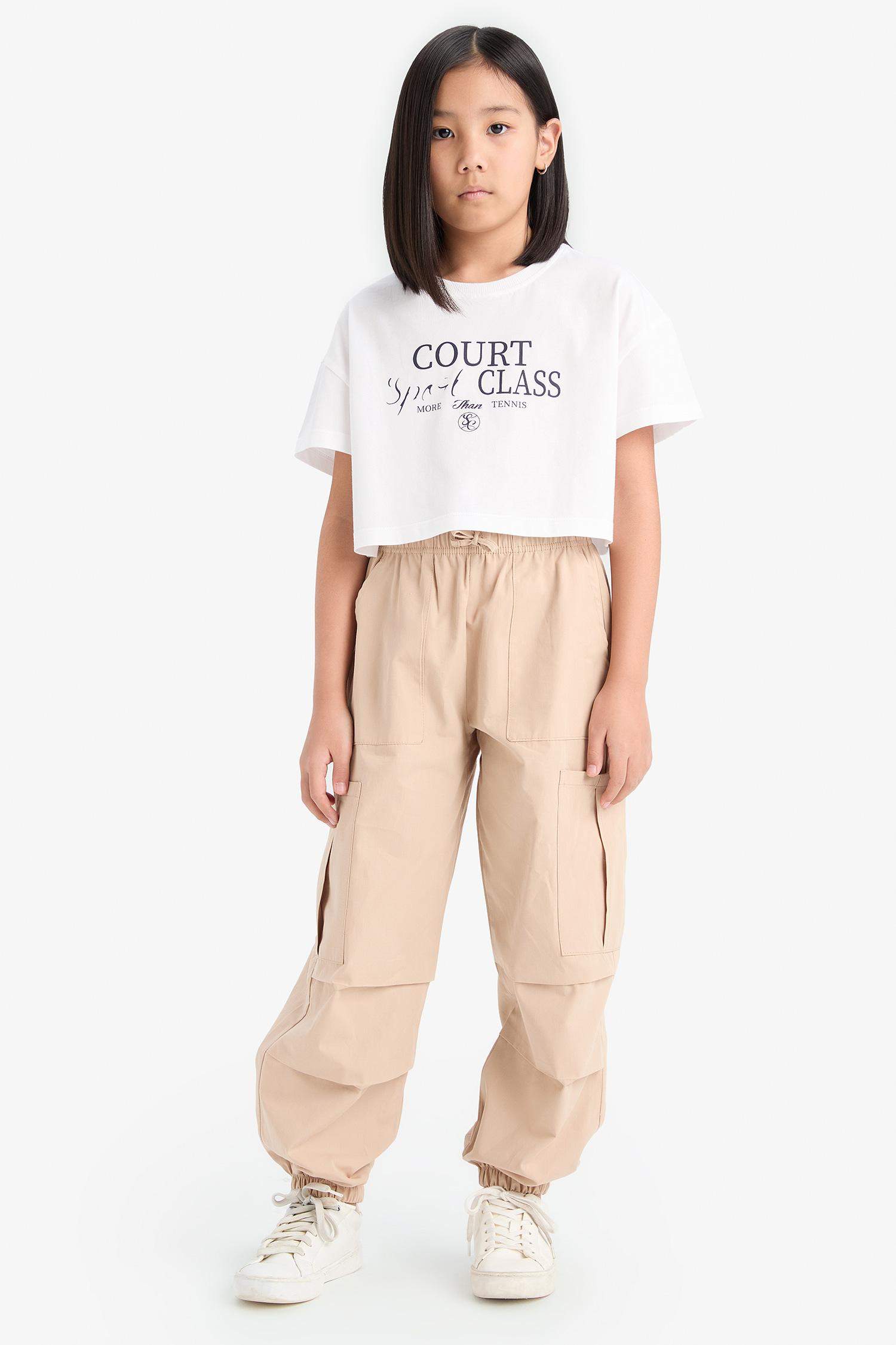 Kız Çocuk Crop Bisiklet Yaka Baskılı Kısa Kollu Tişört