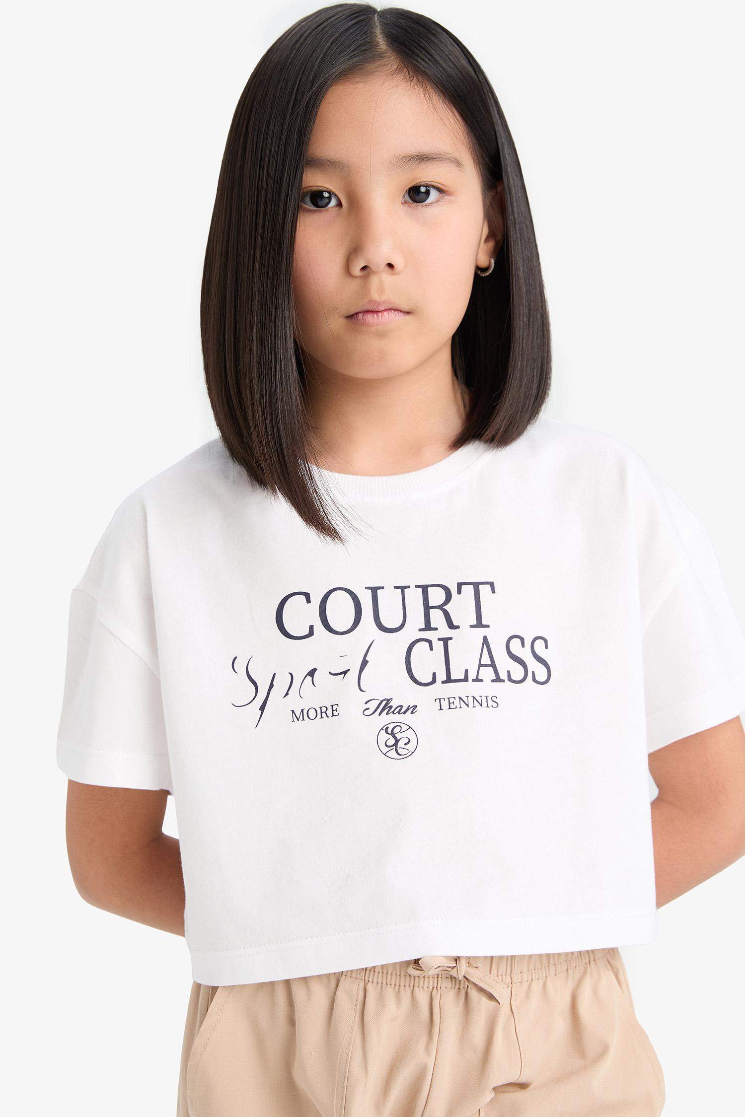 Kız Çocuk Crop Bisiklet Yaka Baskılı Kısa Kollu Tişört