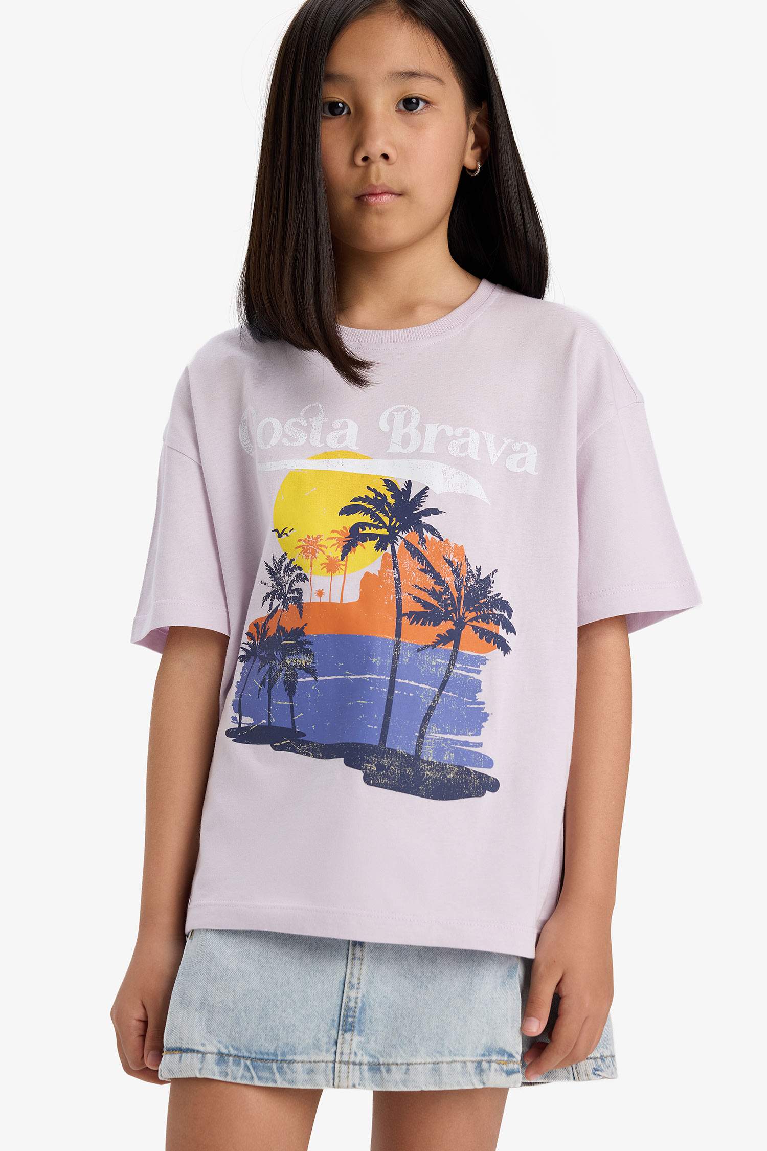 Kız Çocuk Oversize Geniş Kalıp Bisiklet Yaka Baskılı Kısa Kollu Tişört