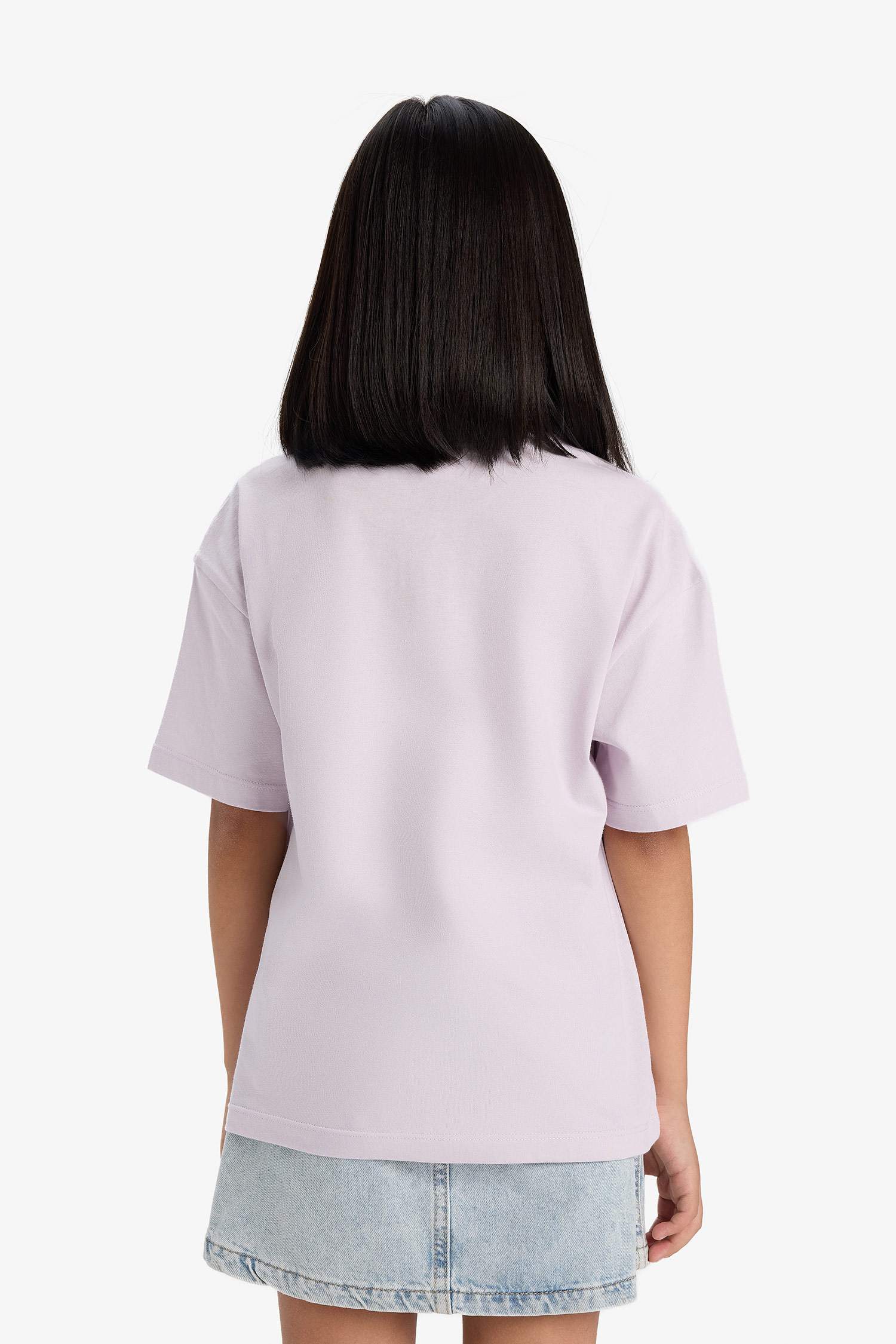 Kız Çocuk Oversize Geniş Kalıp Bisiklet Yaka Baskılı Kısa Kollu Tişört