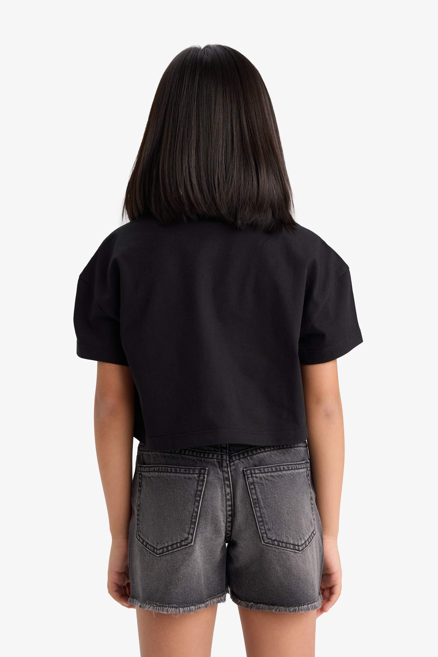 Kız Çocuk Crop Bisiklet Yaka Baskılı Kısa Kollu Tişört