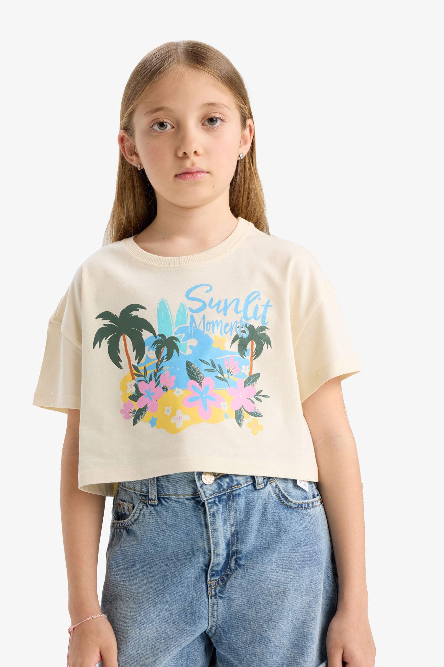 Kız Çocuk Crop Bisiklet Yaka Baskılı Kısa Kollu Tişört