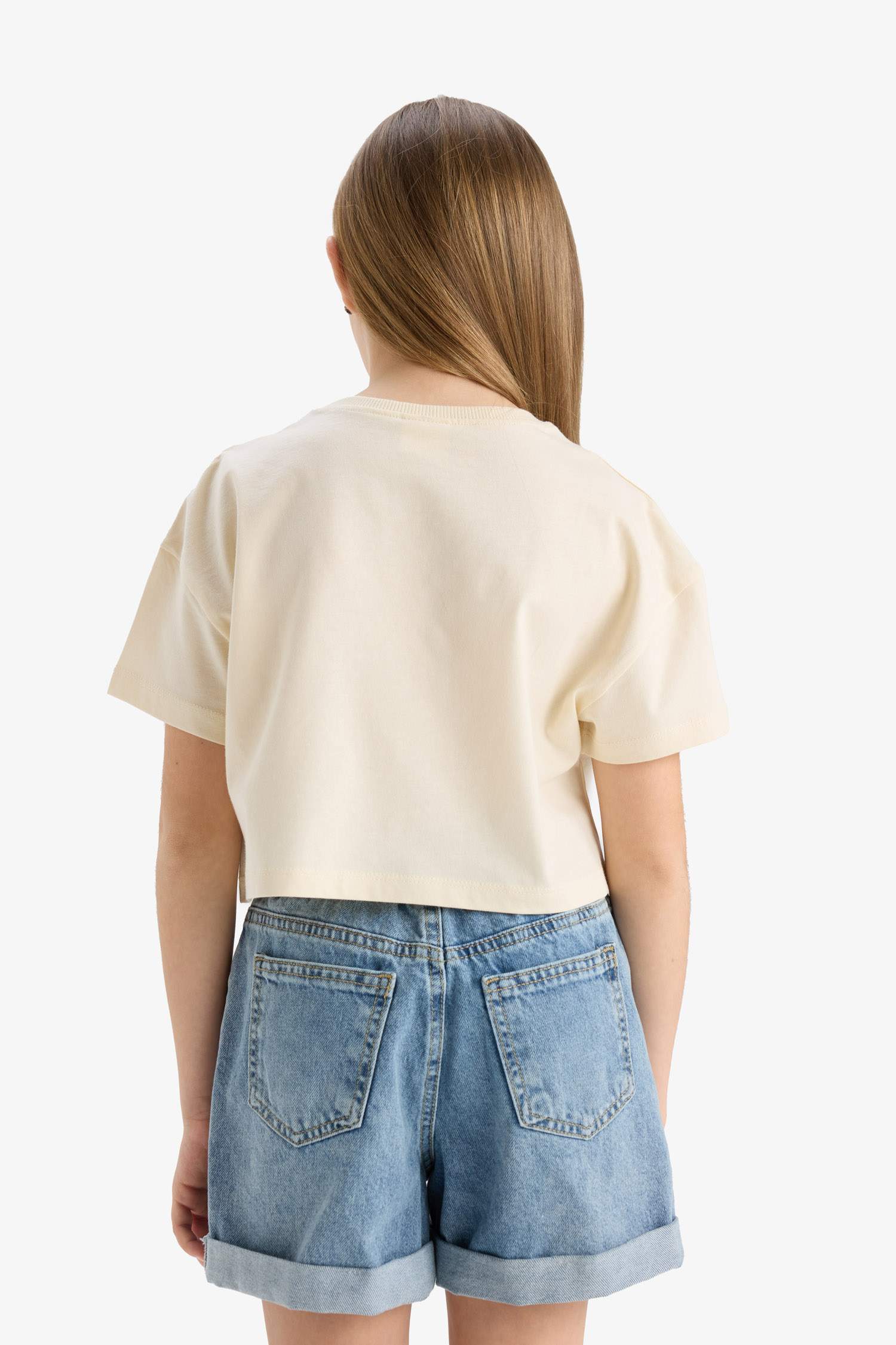 Kız Çocuk Crop Bisiklet Yaka Baskılı Kısa Kollu Tişört