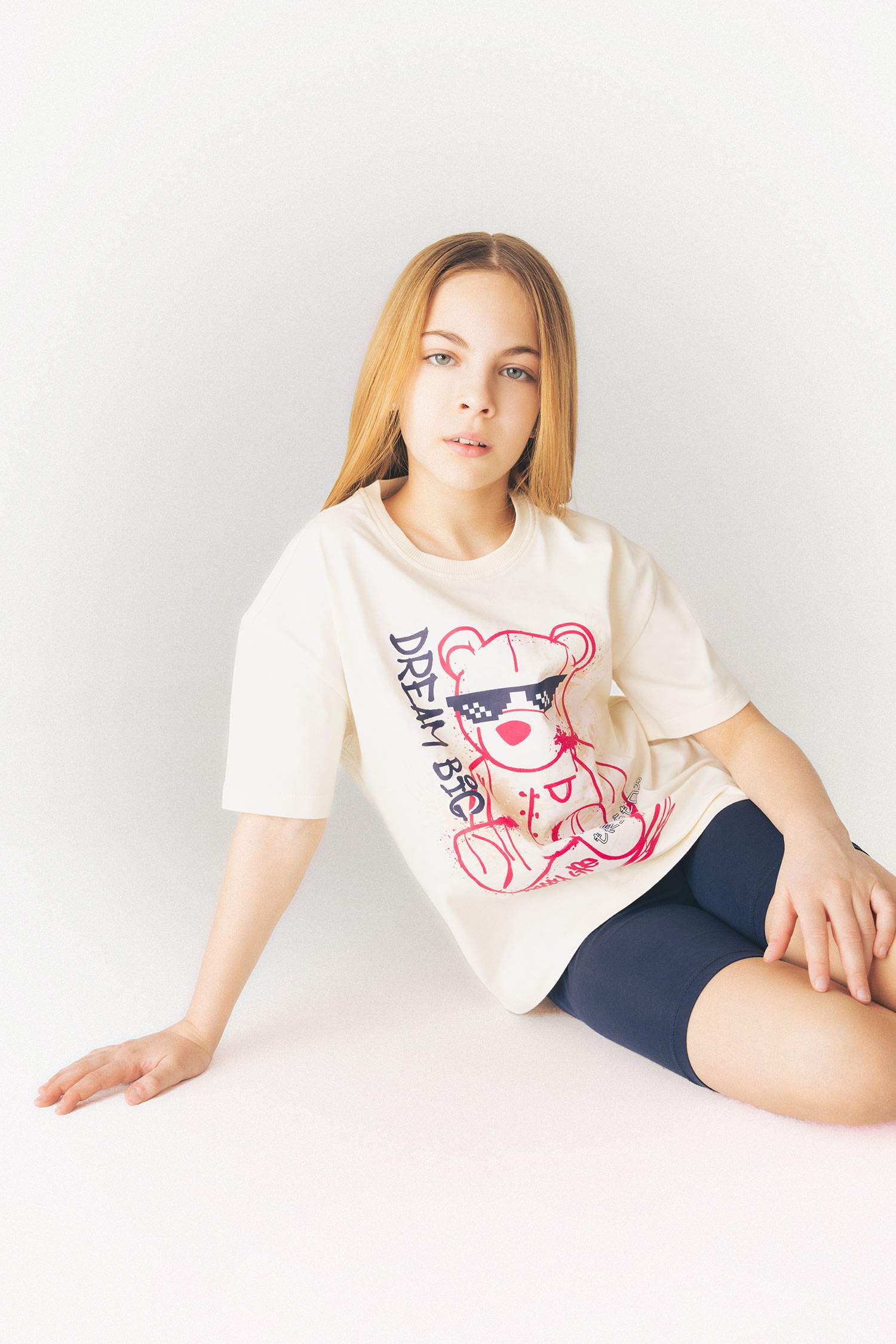 Kız Çocuk Relax Fit Baskılı Bisiklet Yaka Kısa Kollu Tişört