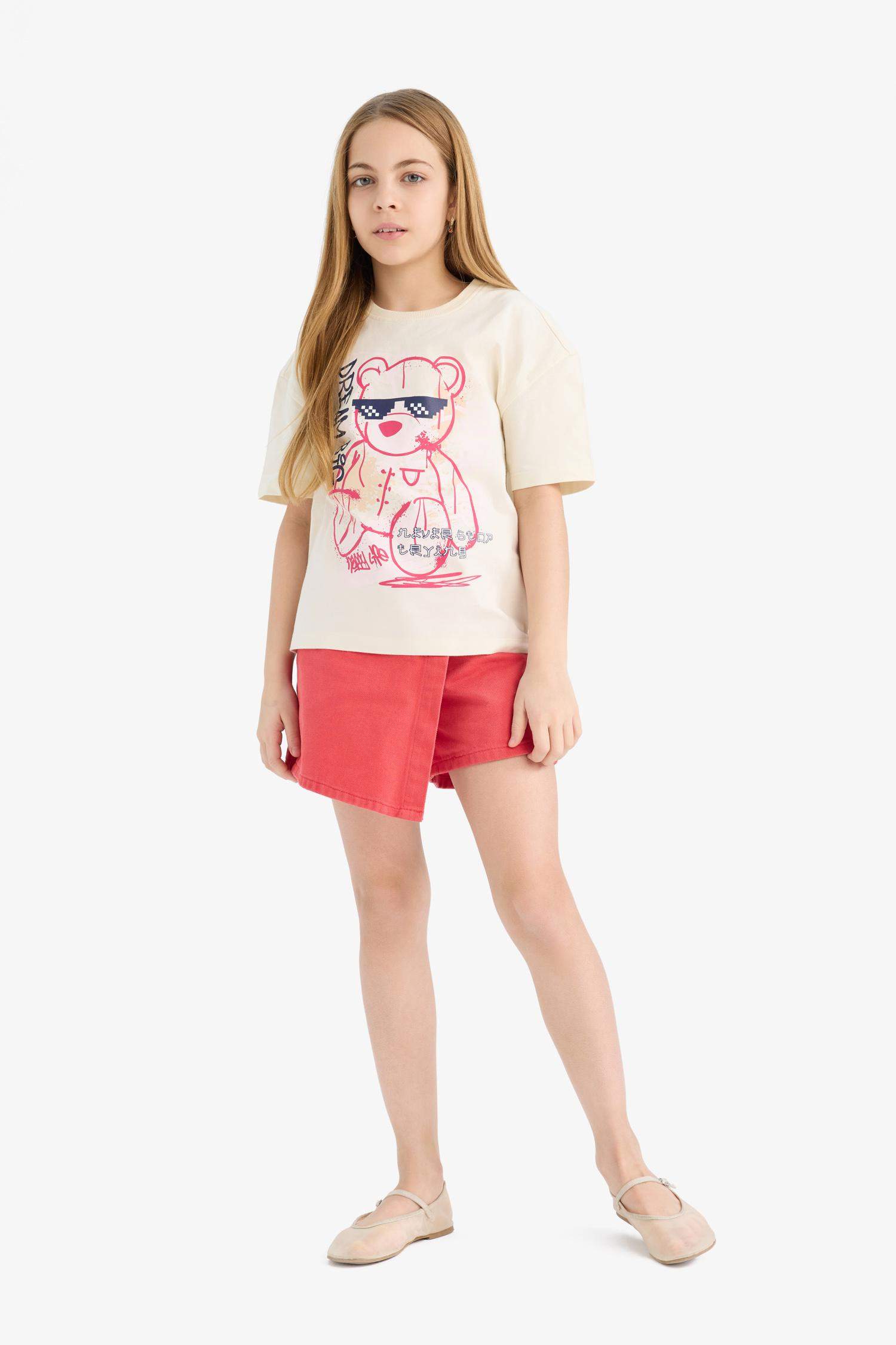 Kız Çocuk Relax Fit Baskılı Bisiklet Yaka Kısa Kollu Tişört