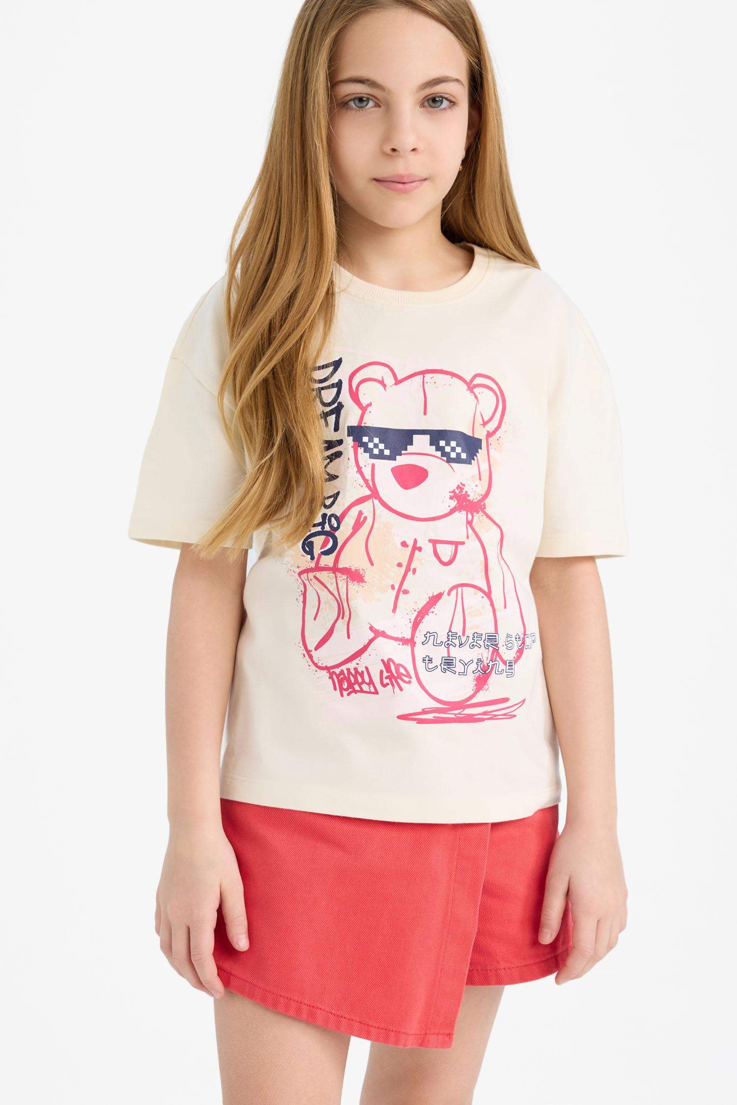 Kız Çocuk Relax Fit Baskılı Bisiklet Yaka Kısa Kollu Tişört