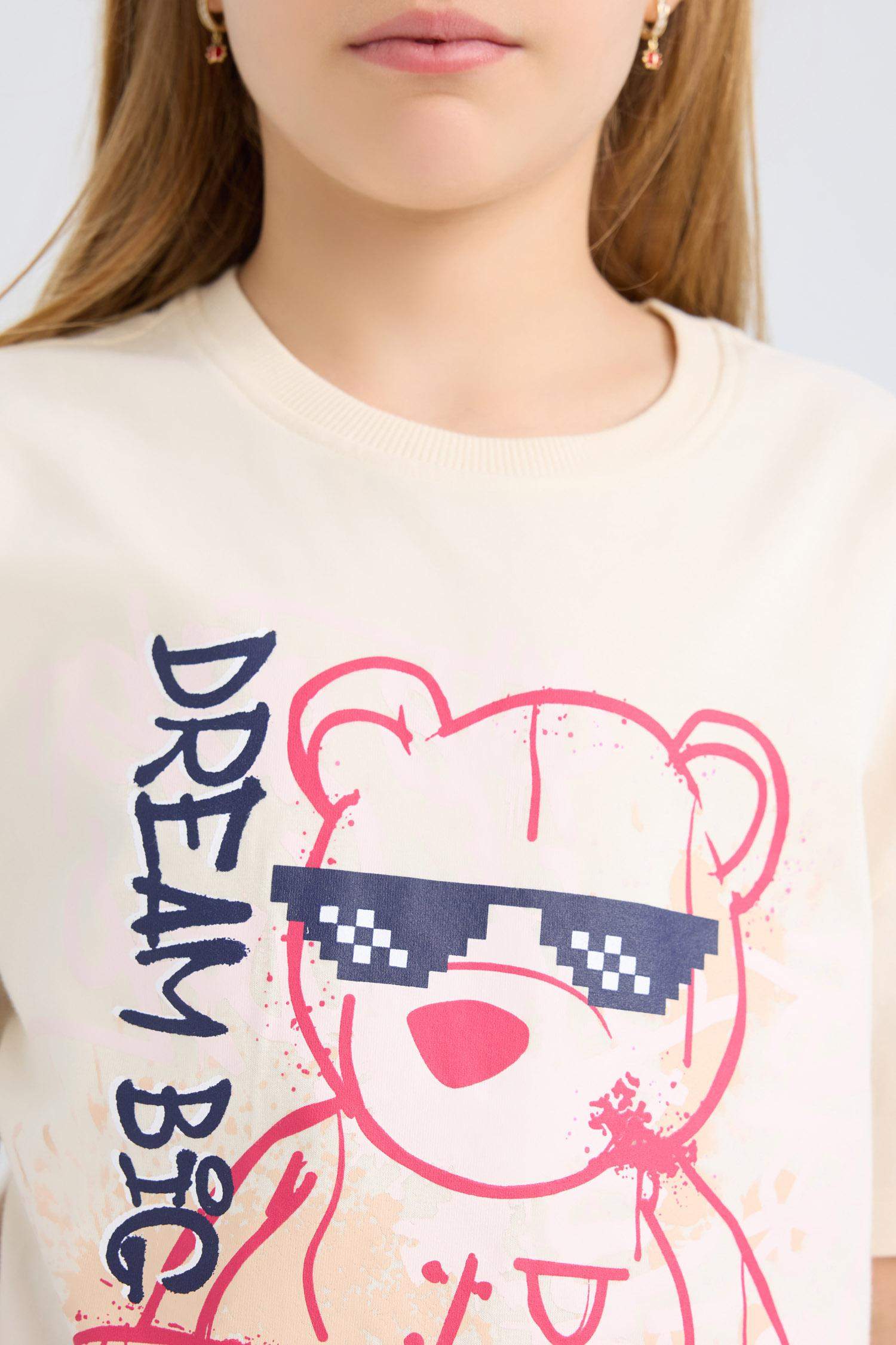 Kız Çocuk Relax Fit Baskılı Bisiklet Yaka Kısa Kollu Tişört