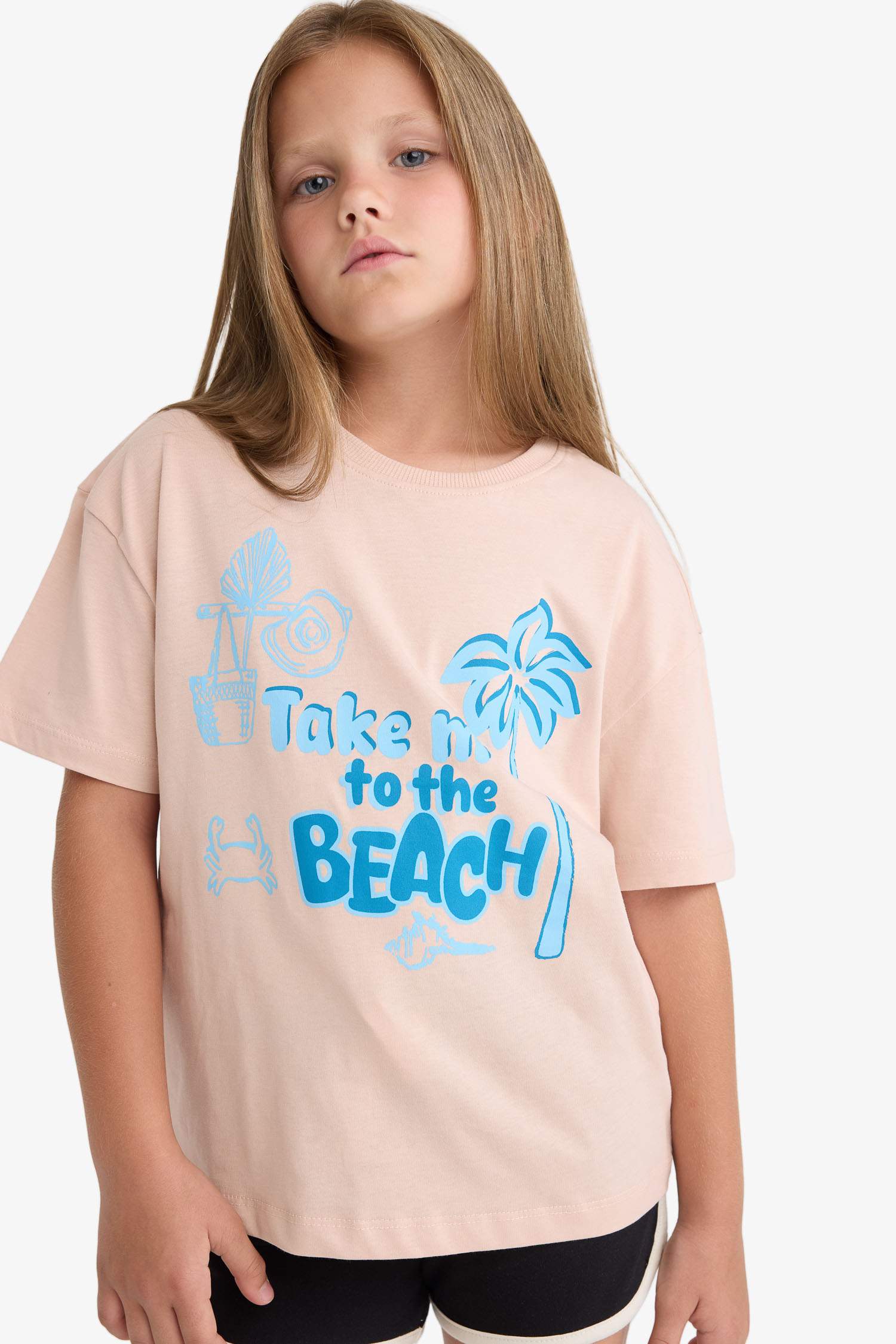 Kız Çocuk Relax Fit Bisiklet Yaka Baskılı Kısa Kollu Tişört