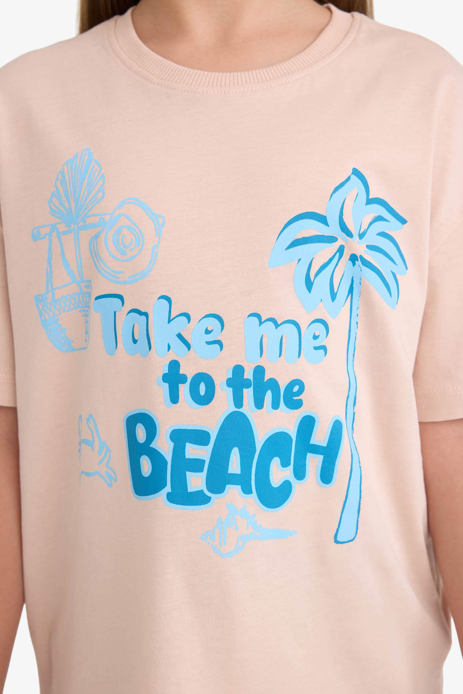 Kız Çocuk Relax Fit Bisiklet Yaka Baskılı Kısa Kollu Tişört