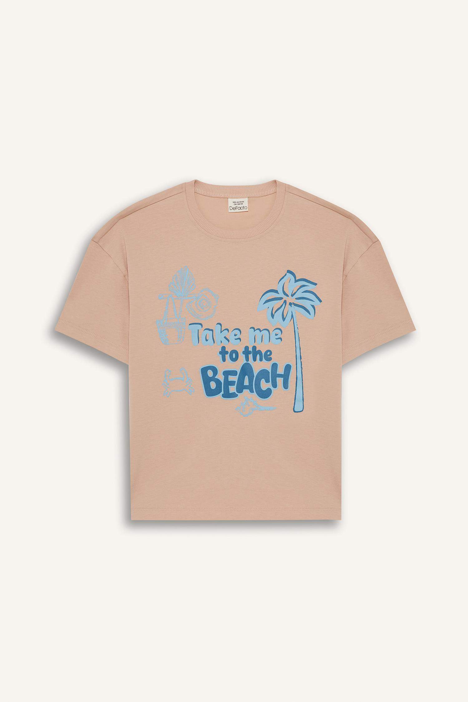 Kız Çocuk Relax Fit Bisiklet Yaka Baskılı Kısa Kollu Tişört