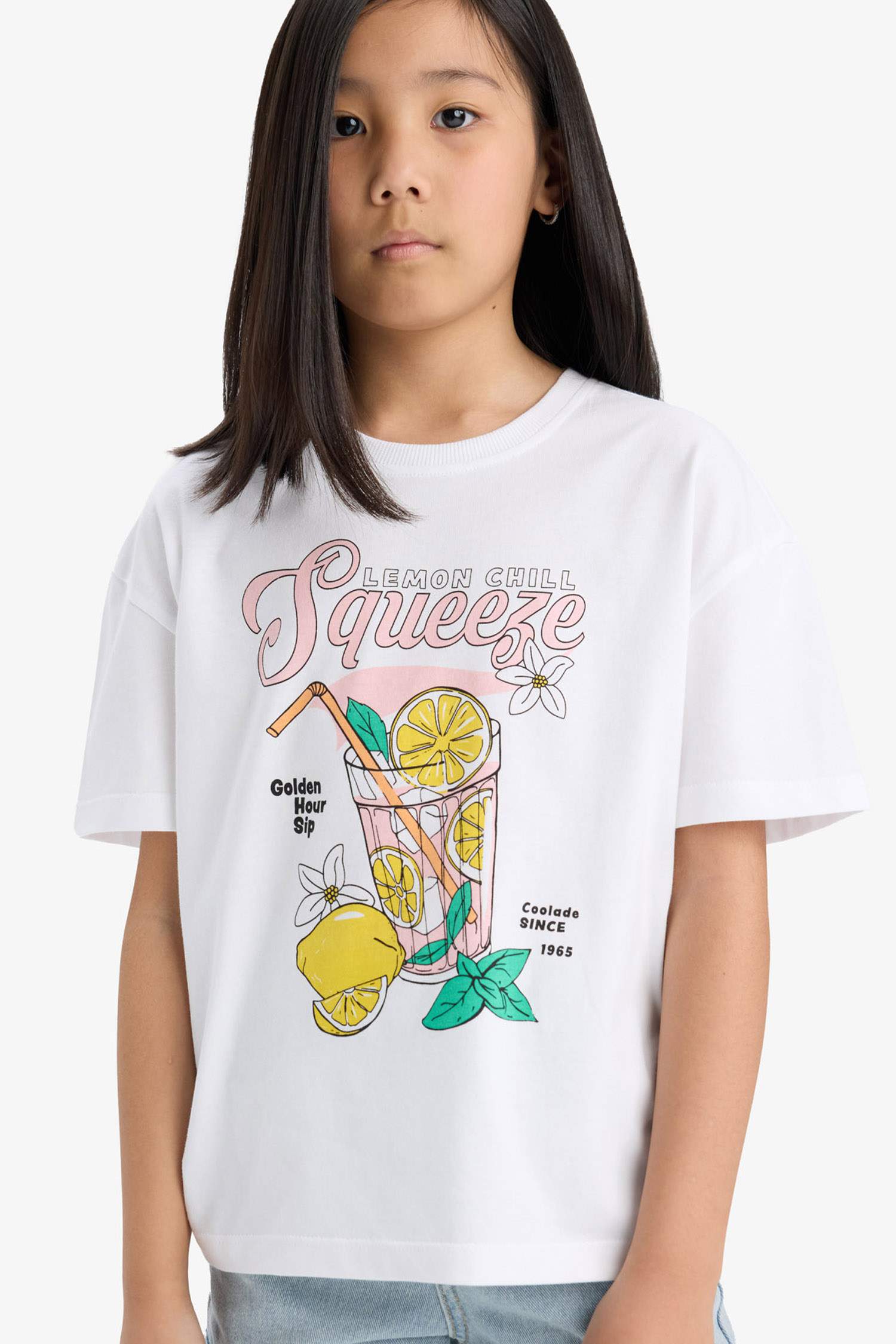 Kız Çocuk Relax Fit Bisiklet Yaka Baskılı Kısa Kollu Tişört