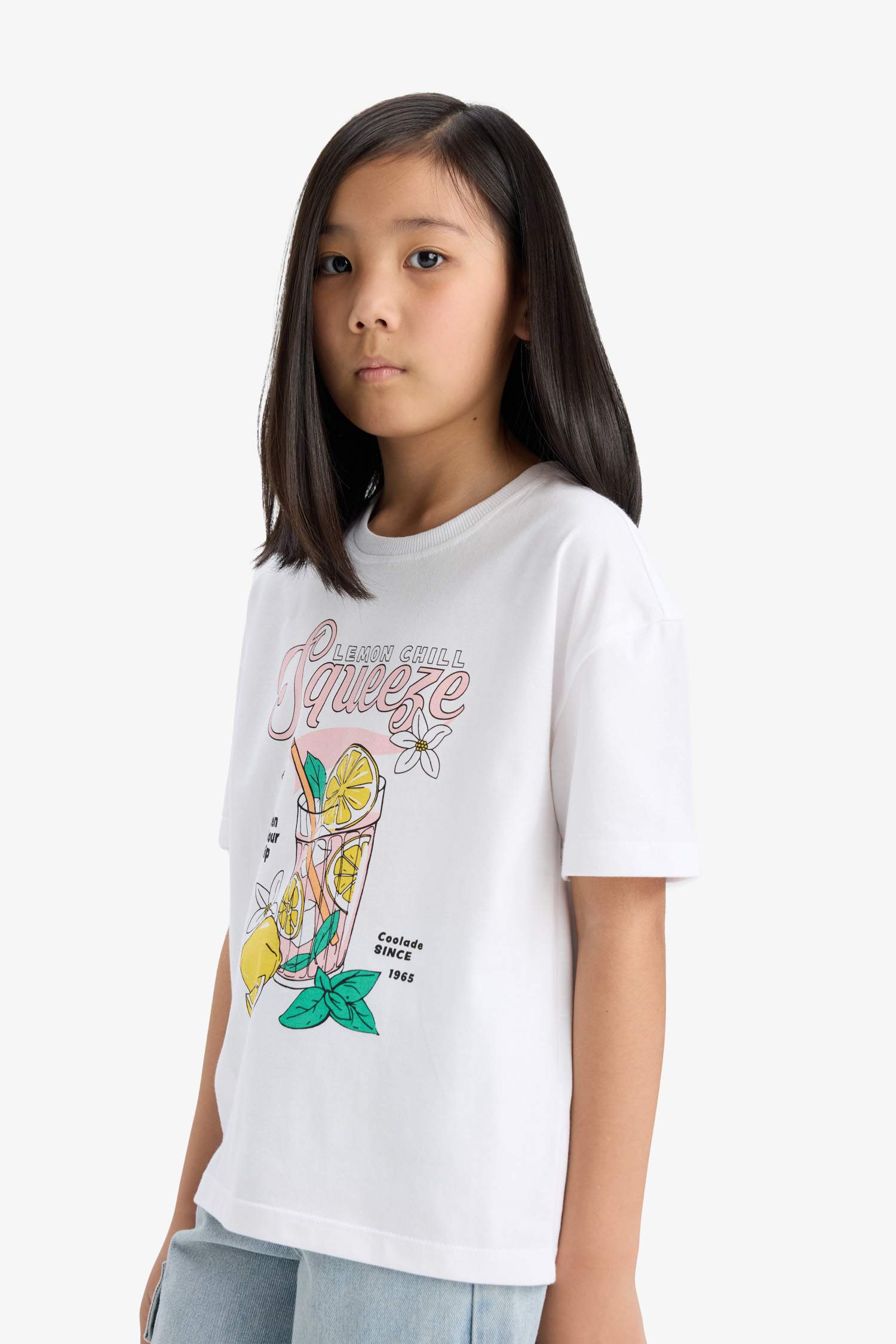 Kız Çocuk Relax Fit Bisiklet Yaka Baskılı Kısa Kollu Tişört