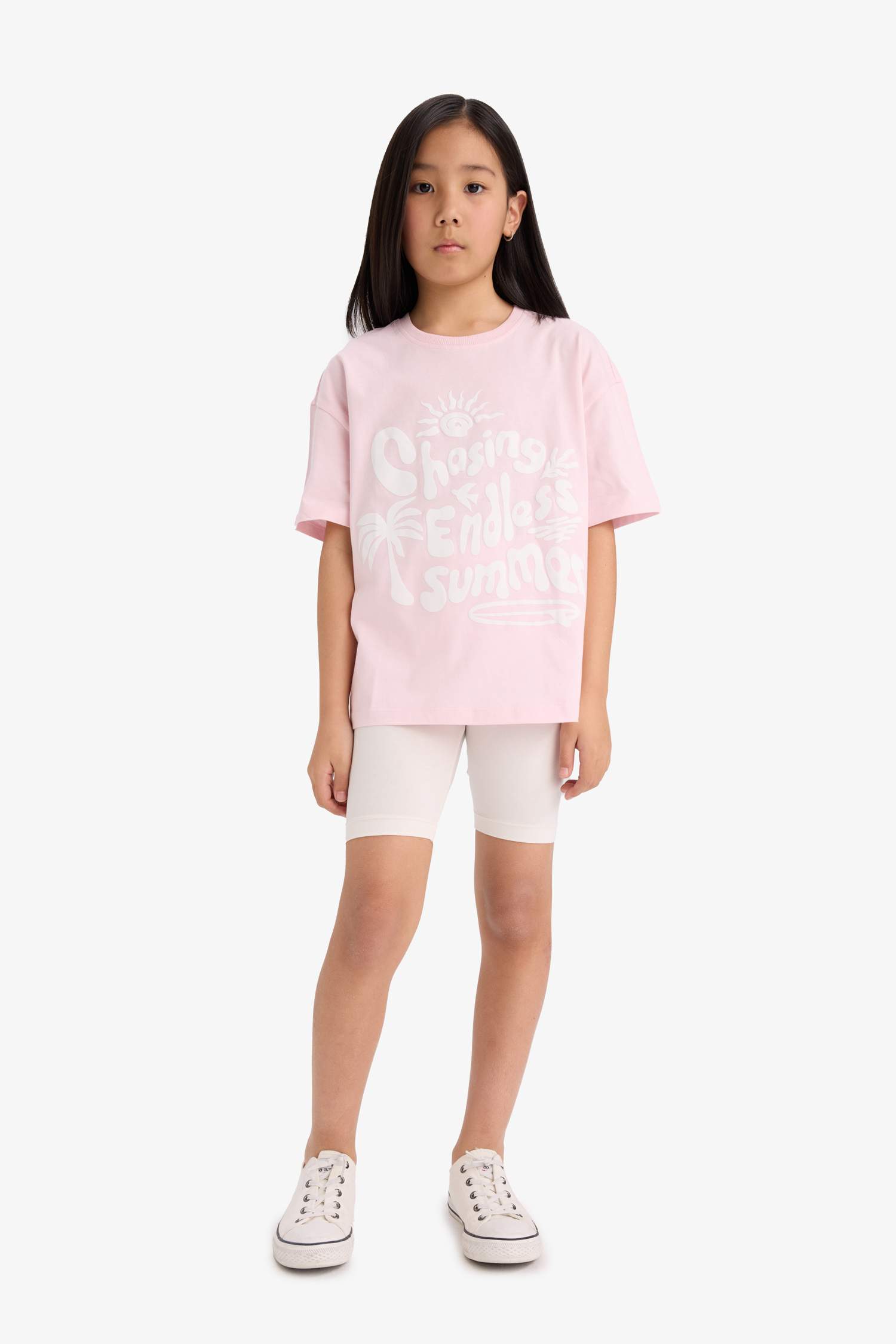 Kız Çocuk Oversize Geniş Kalıp Bisiklet Yaka Baskılı Kısa Kollu Tişört