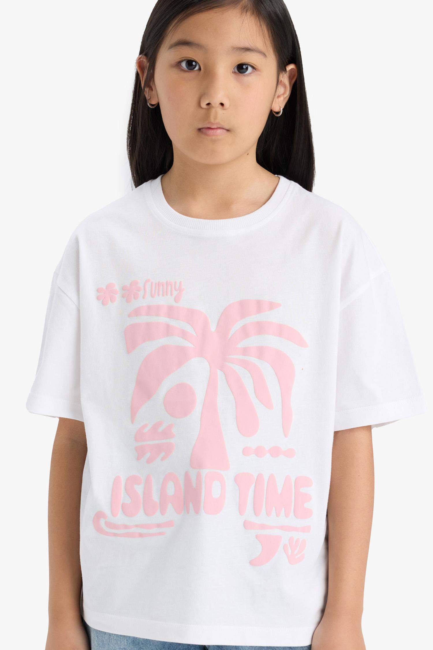 تيشيرت بناتي نص كم بطبعة شعار اوفر سايز برقبة مستديرة