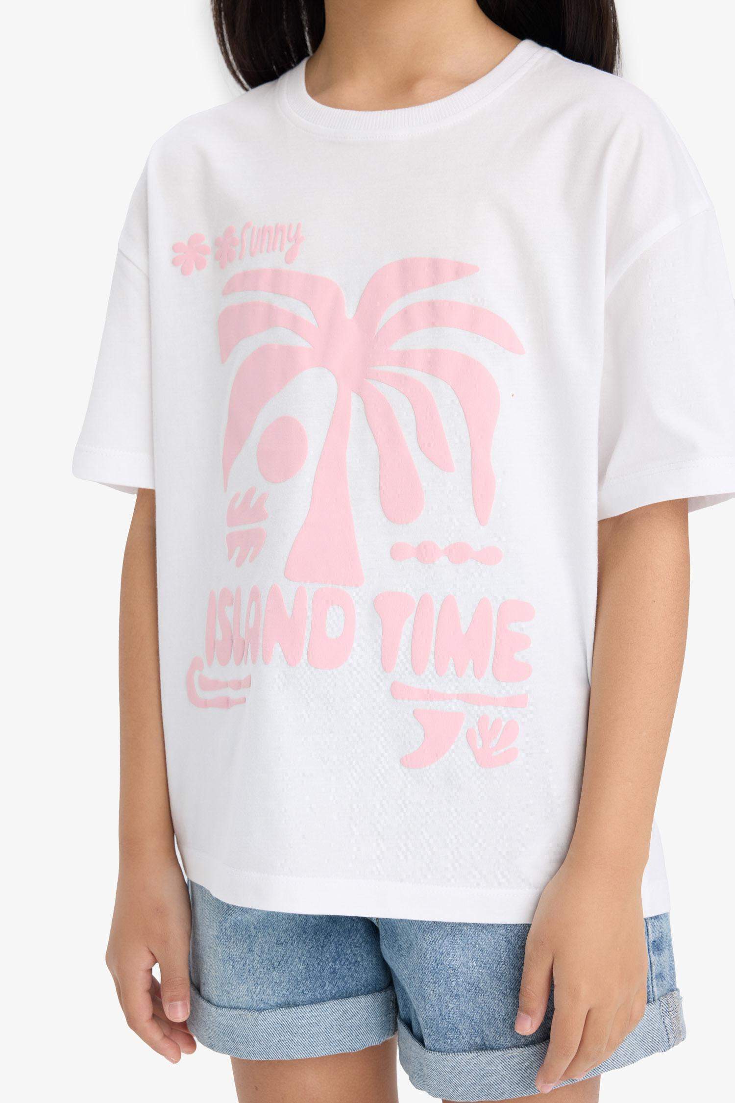 تيشيرت بناتي نص كم بطبعة شعار اوفر سايز برقبة مستديرة