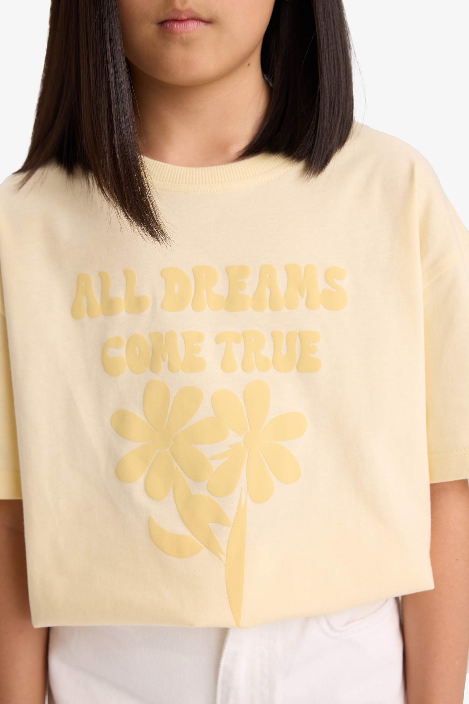 Kız Çocuk Oversize Geniş Kalıp Bisiklet Yaka Baskılı Kısa Kollu Tişört