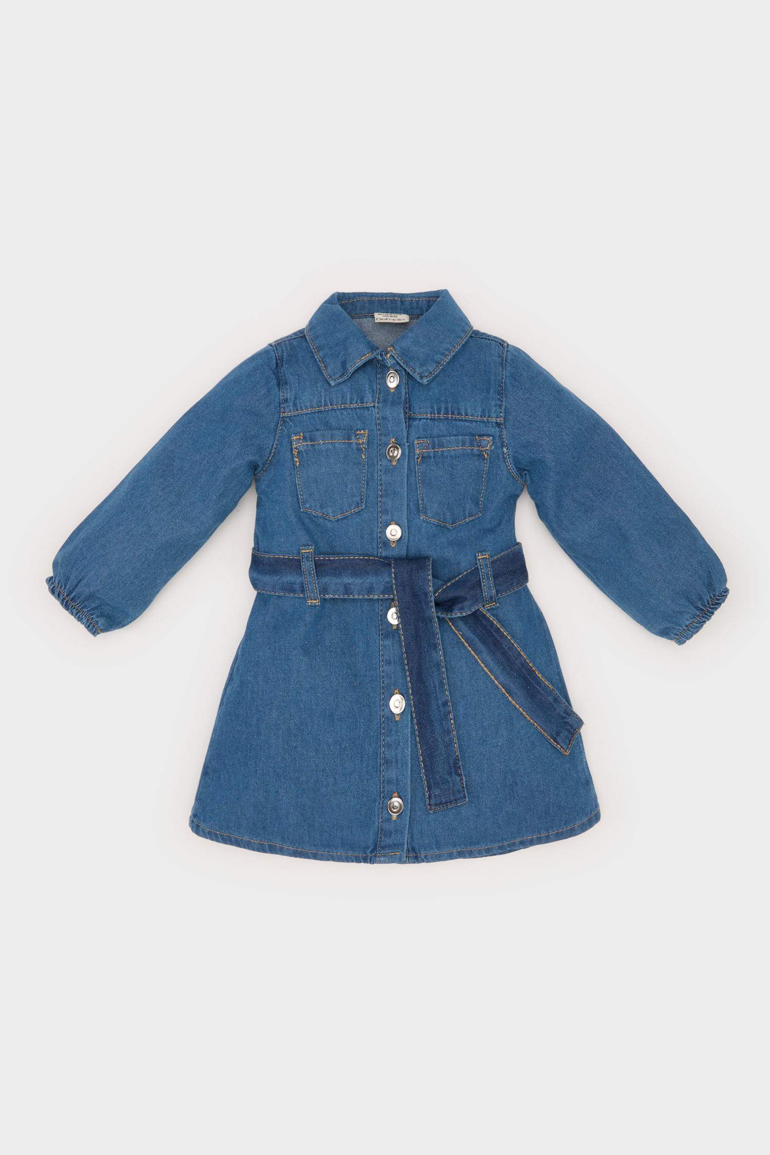 Baby Girl Shirt Collar Belted Denim Dress