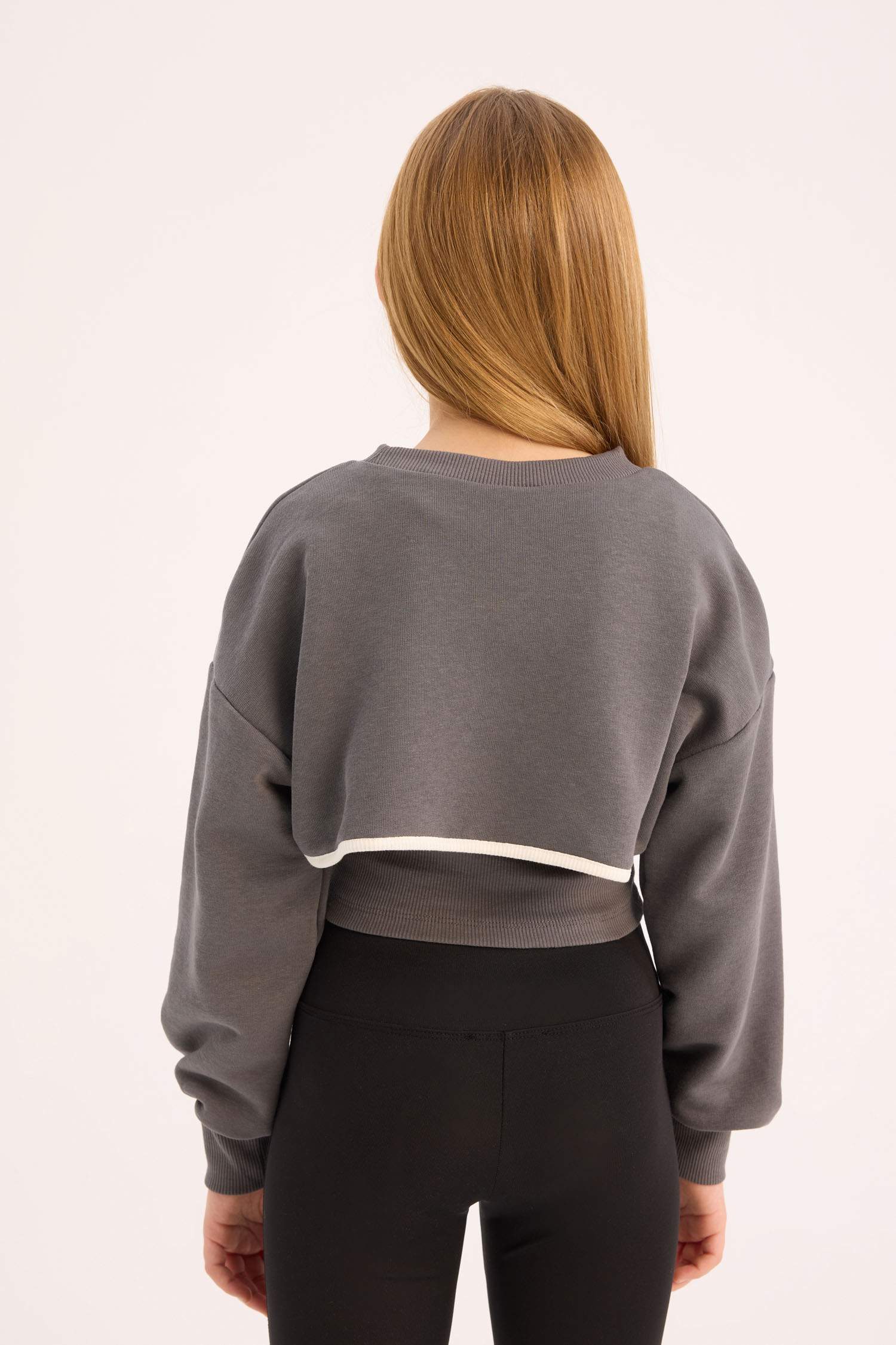 Kız Çocuk Crop Bisiklet Yaka Baskılı Sweatshirt