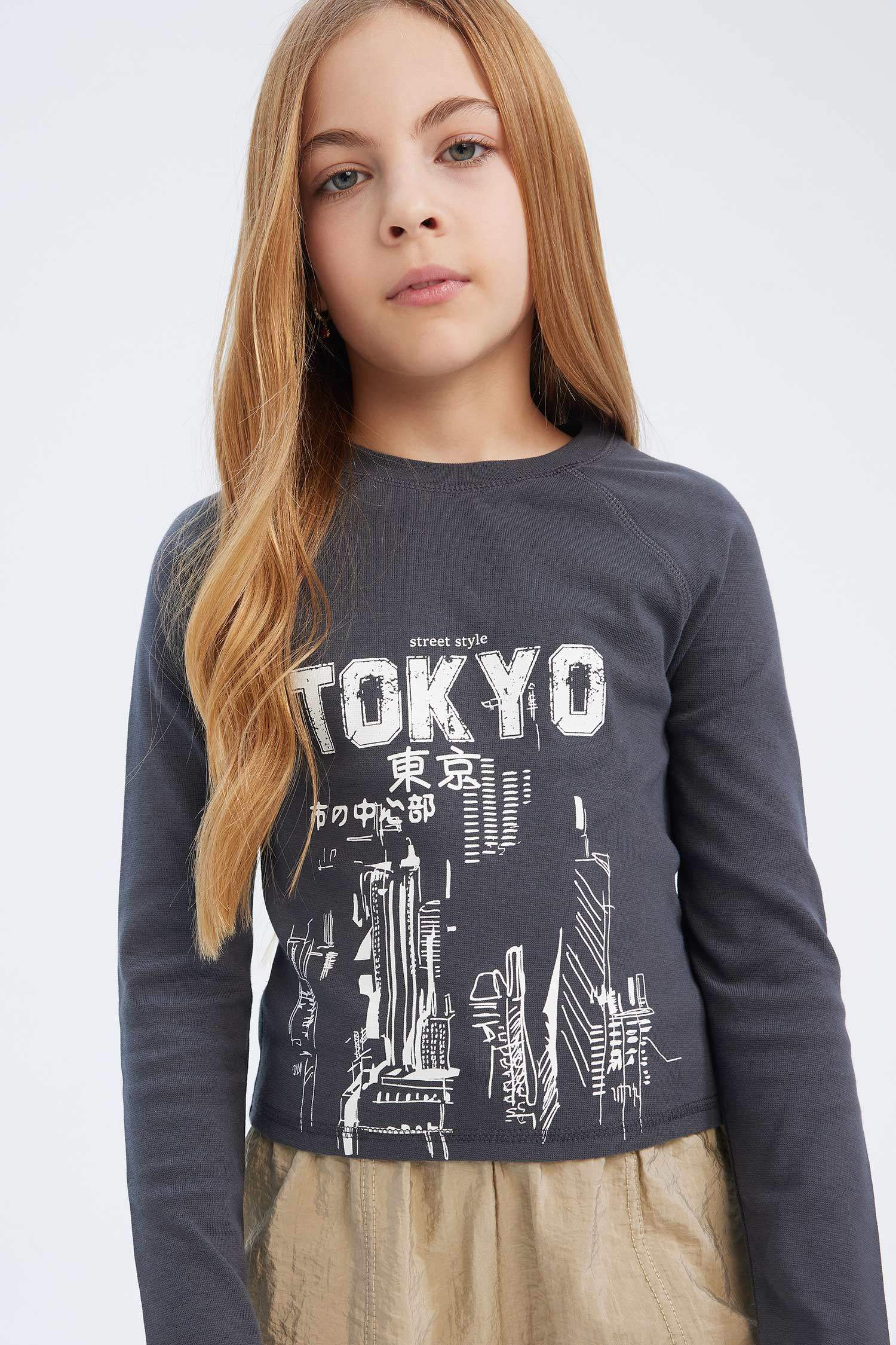 Kız Çocuk Bisiklet Yaka Baskılı Kaşkorse Uzun Kollu Tişört