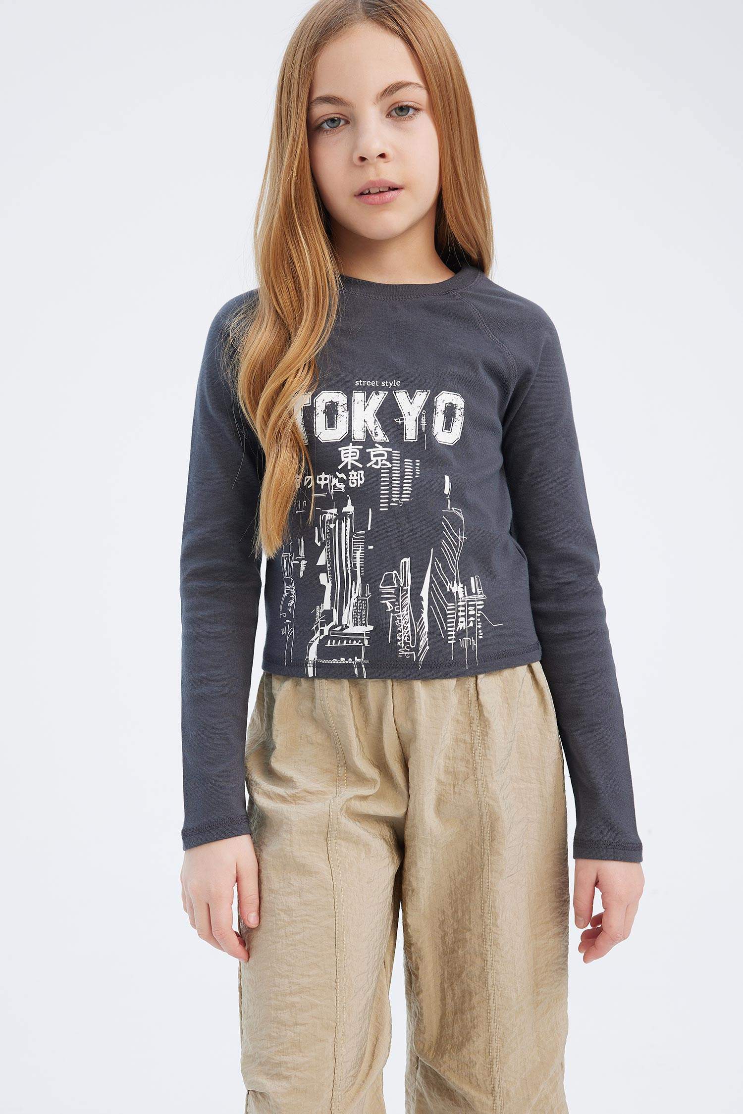 Kız Çocuk Bisiklet Yaka Baskılı Kaşkorse Uzun Kollu Tişört