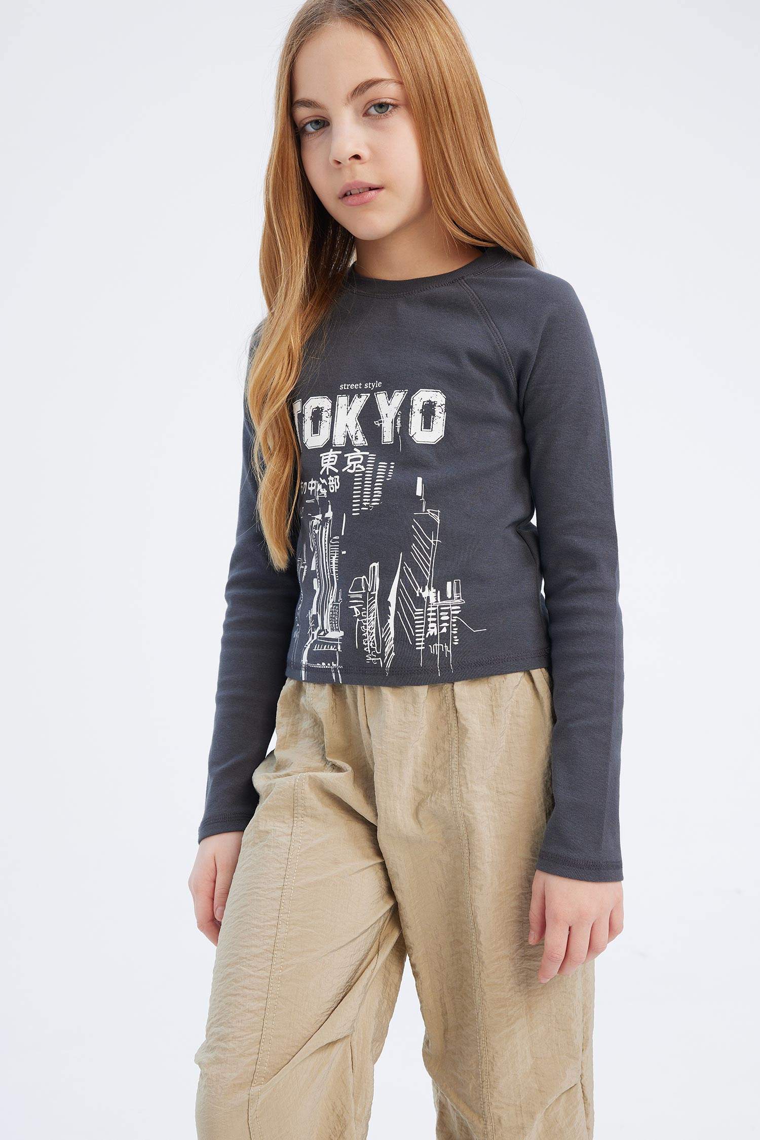 Kız Çocuk Bisiklet Yaka Baskılı Kaşkorse Uzun Kollu Tişört