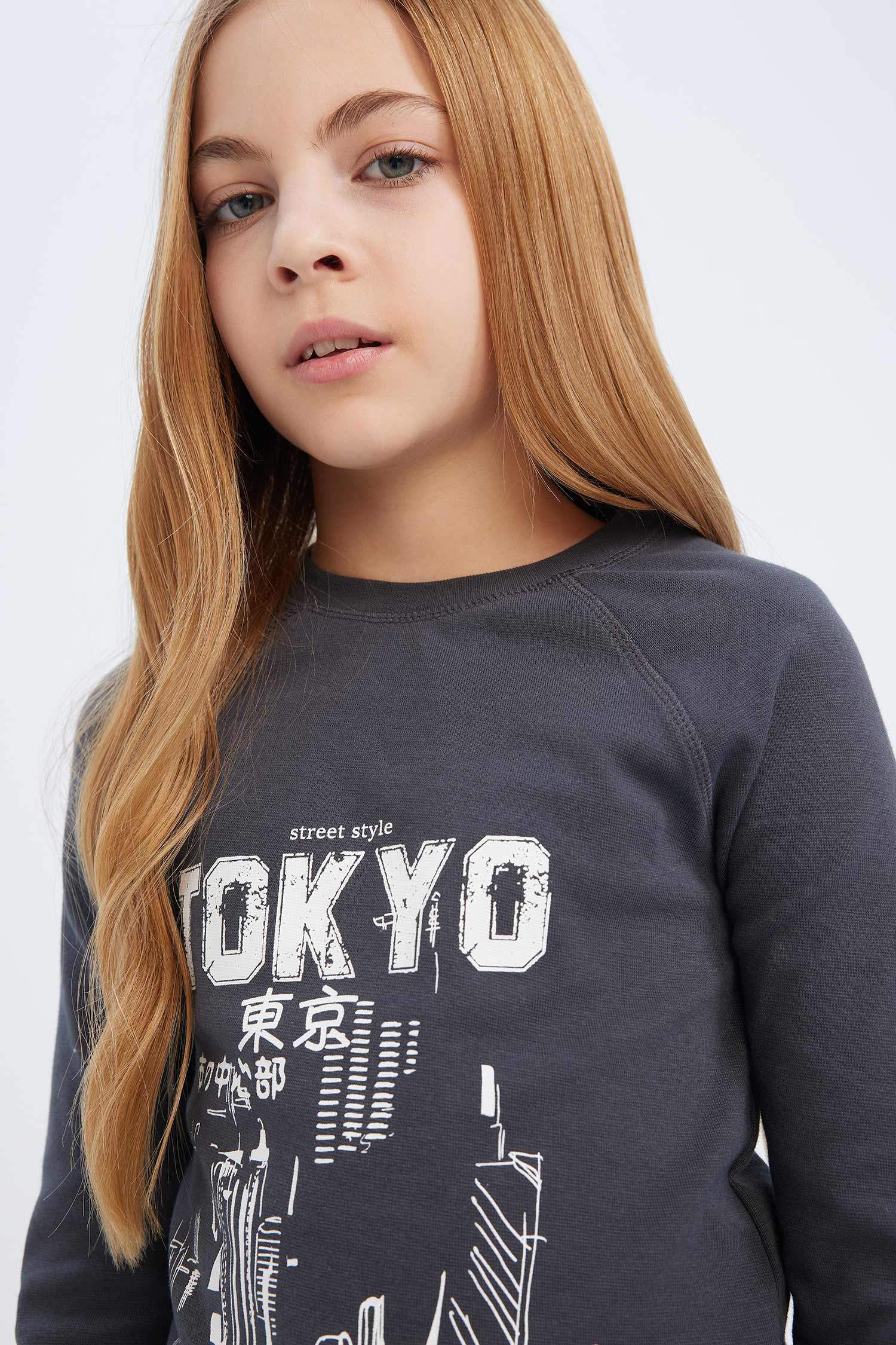 Kız Çocuk Bisiklet Yaka Baskılı Kaşkorse Uzun Kollu Tişört