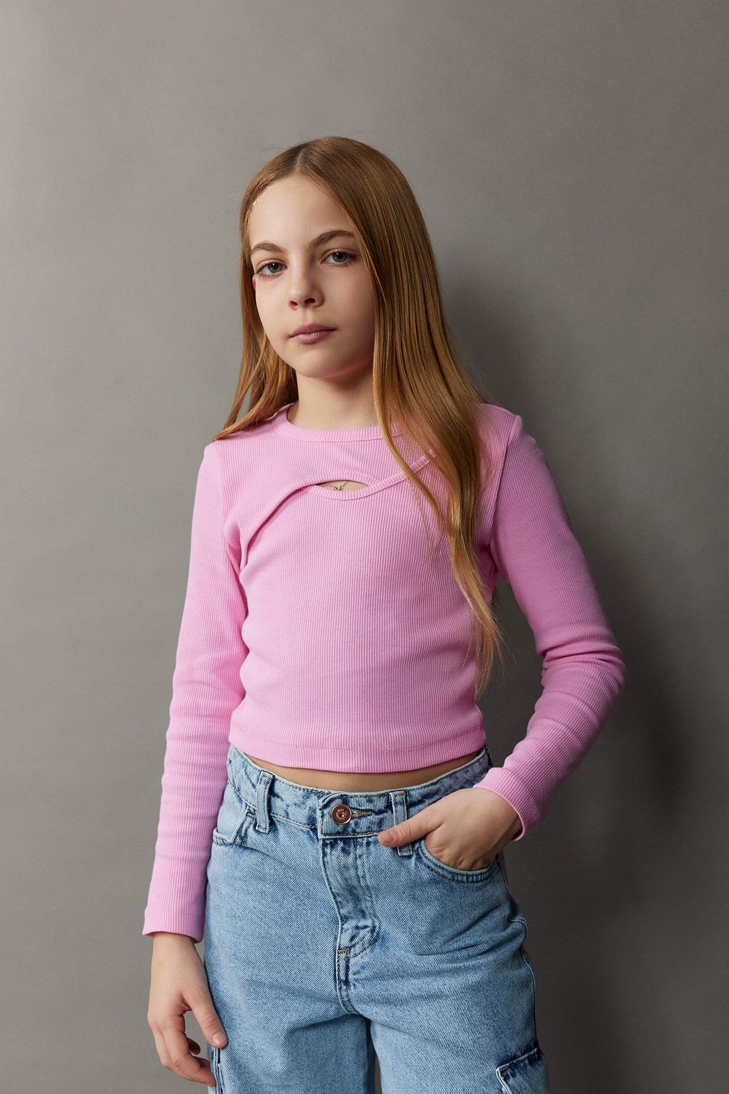 Kız Çocuk Bisiklet Yaka Fitilli Kaşkorse Uzun Kollu Tişört