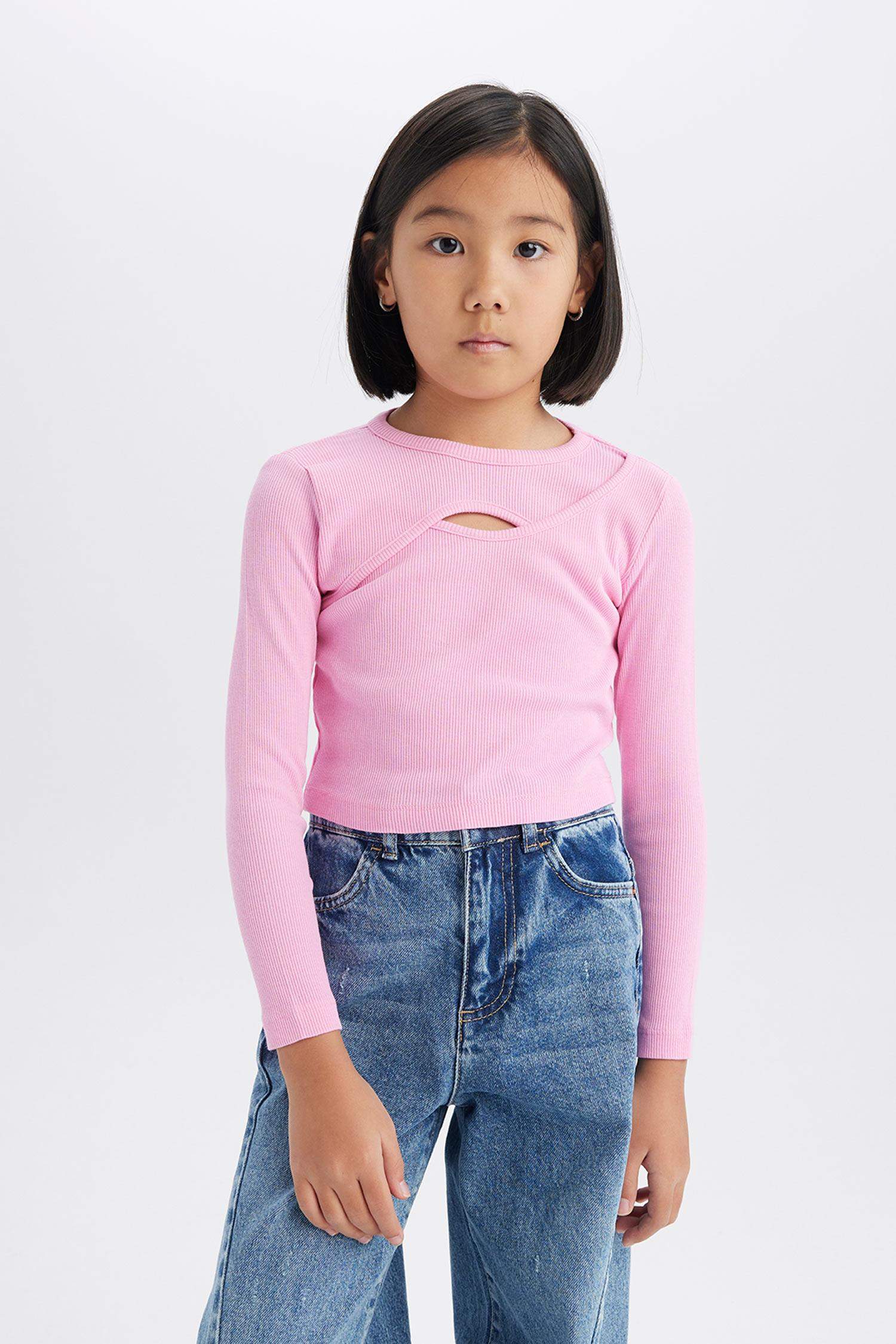 Kız Çocuk Bisiklet Yaka Fitilli Kaşkorse Uzun Kollu Tişört