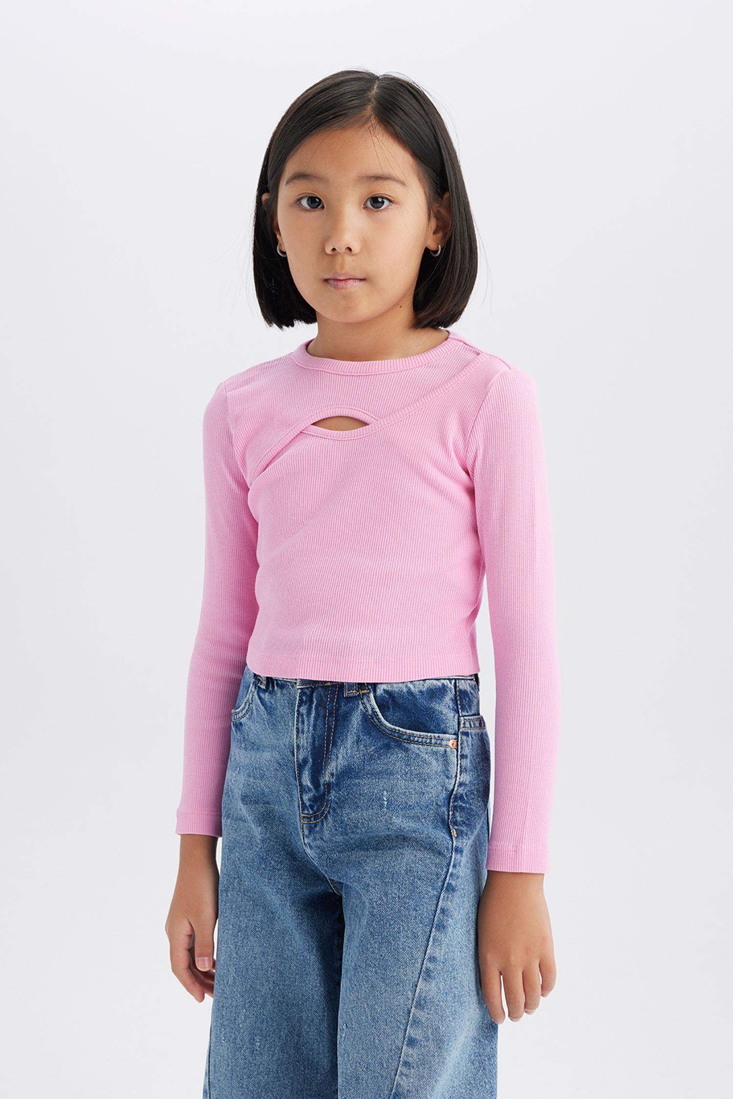 Kız Çocuk Bisiklet Yaka Fitilli Kaşkorse Uzun Kollu Tişört