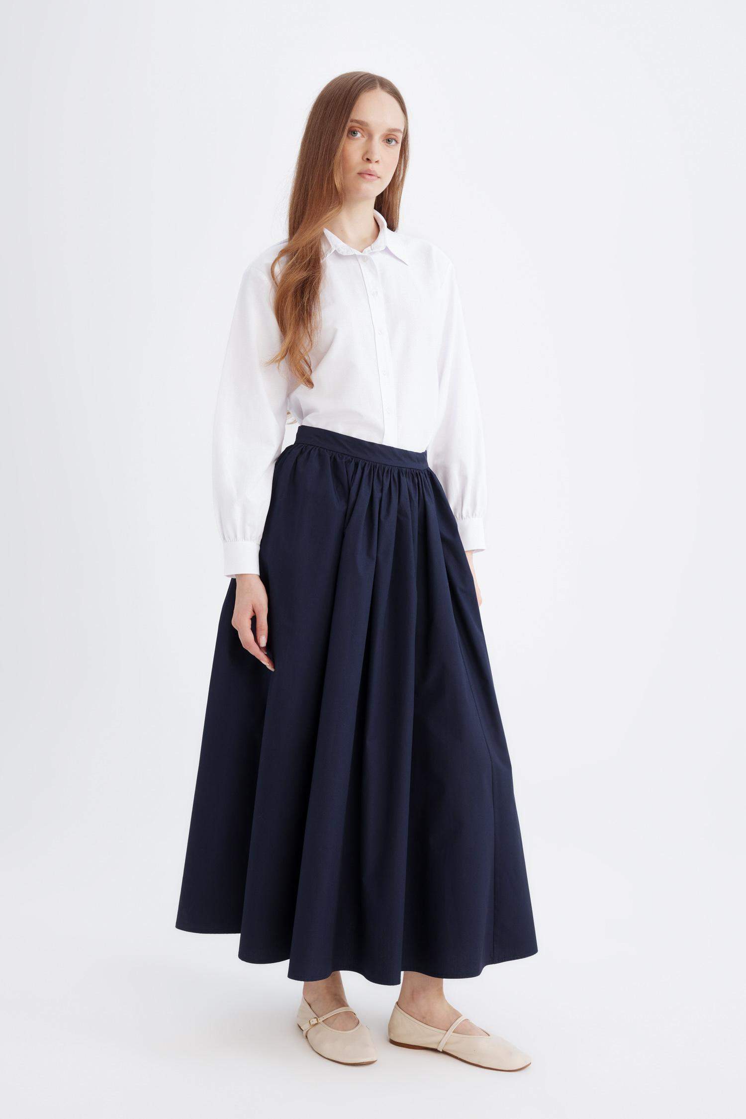 A Kesim Beli Fermuarlı Basic Düz Poplin Kumaş Maxi Etek