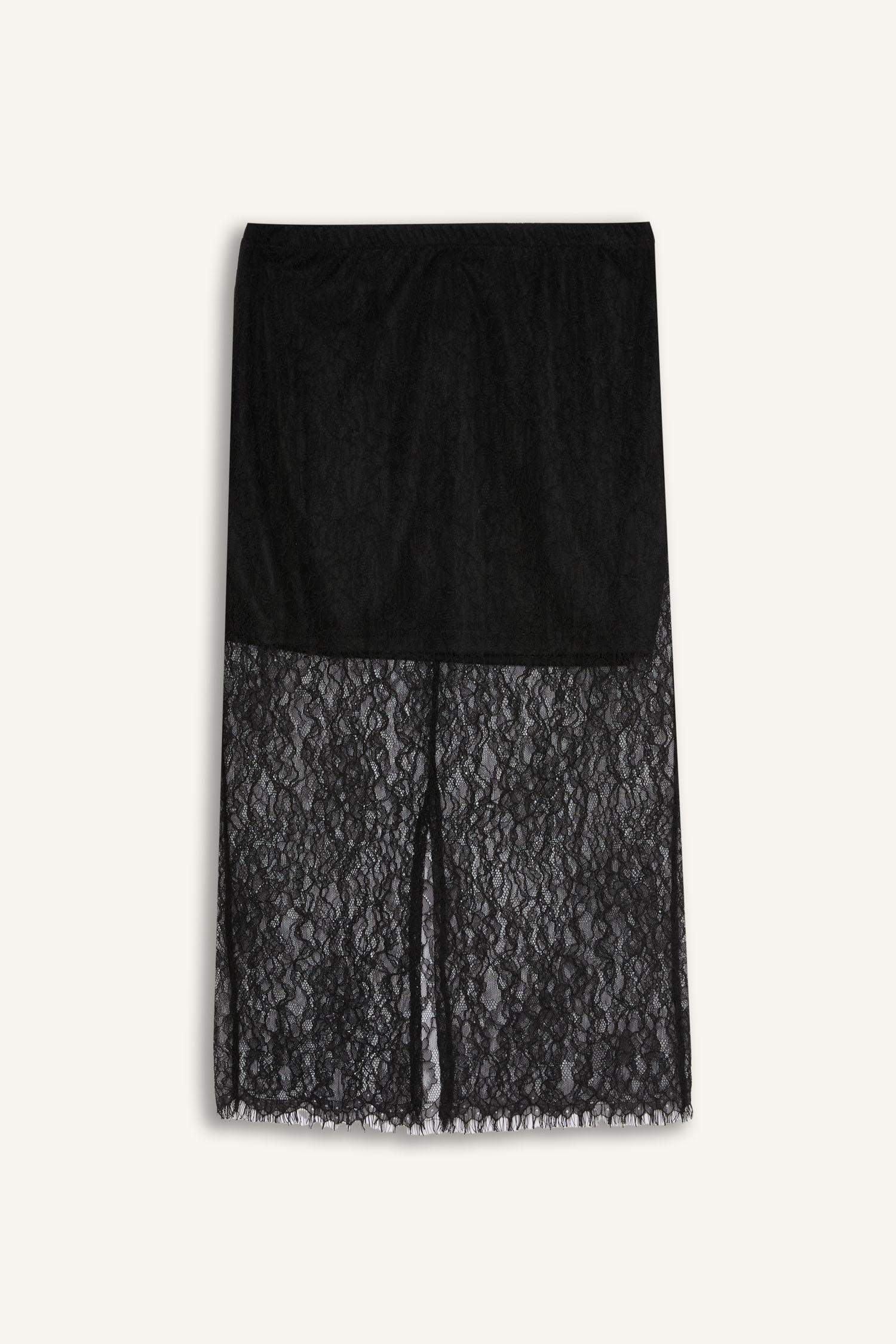 Slim Fit Dar Kesim Astarlı Midi Dantelli Etek