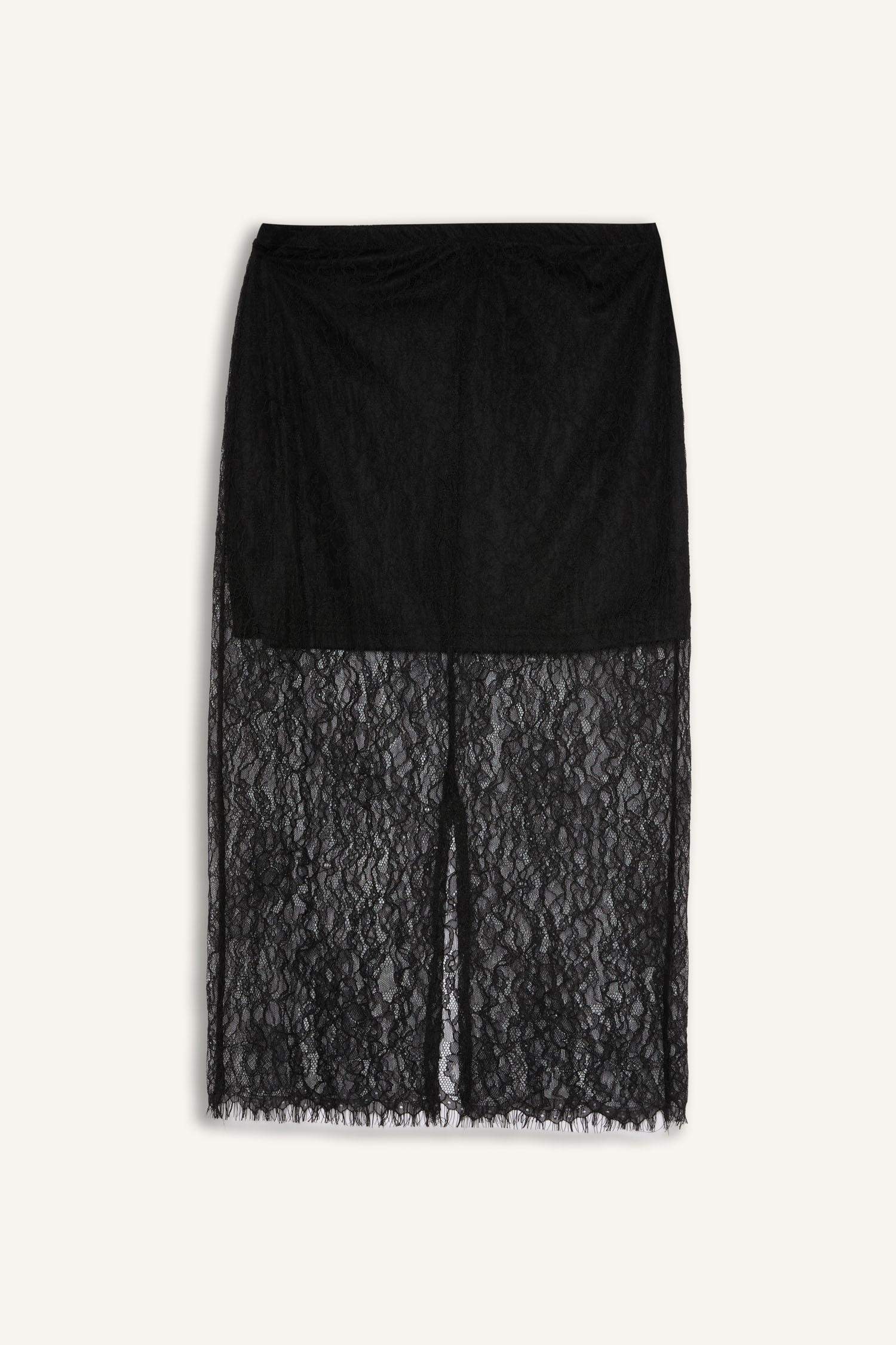 Slim Fit Dar Kesim Astarlı Midi Dantelli Etek