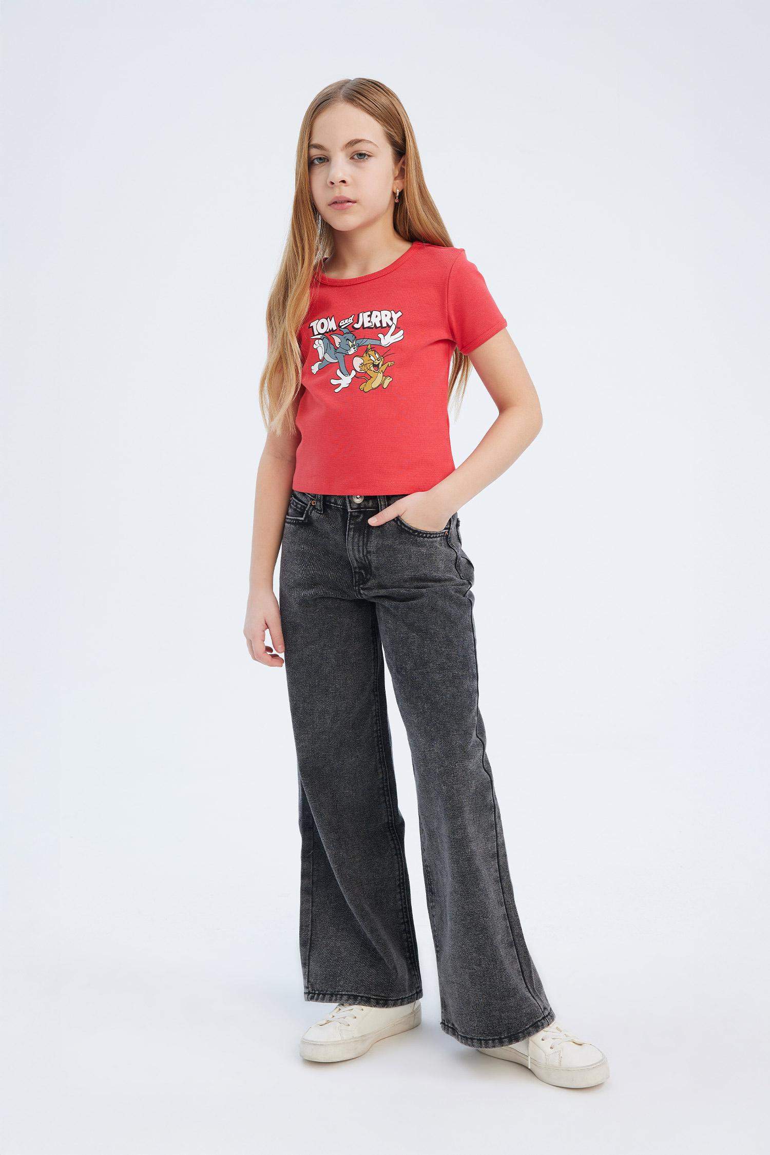 Kız Çocuk Tom & Jerry Cropped Fit Bisiklet Yaka Kısa Kollu Tişört