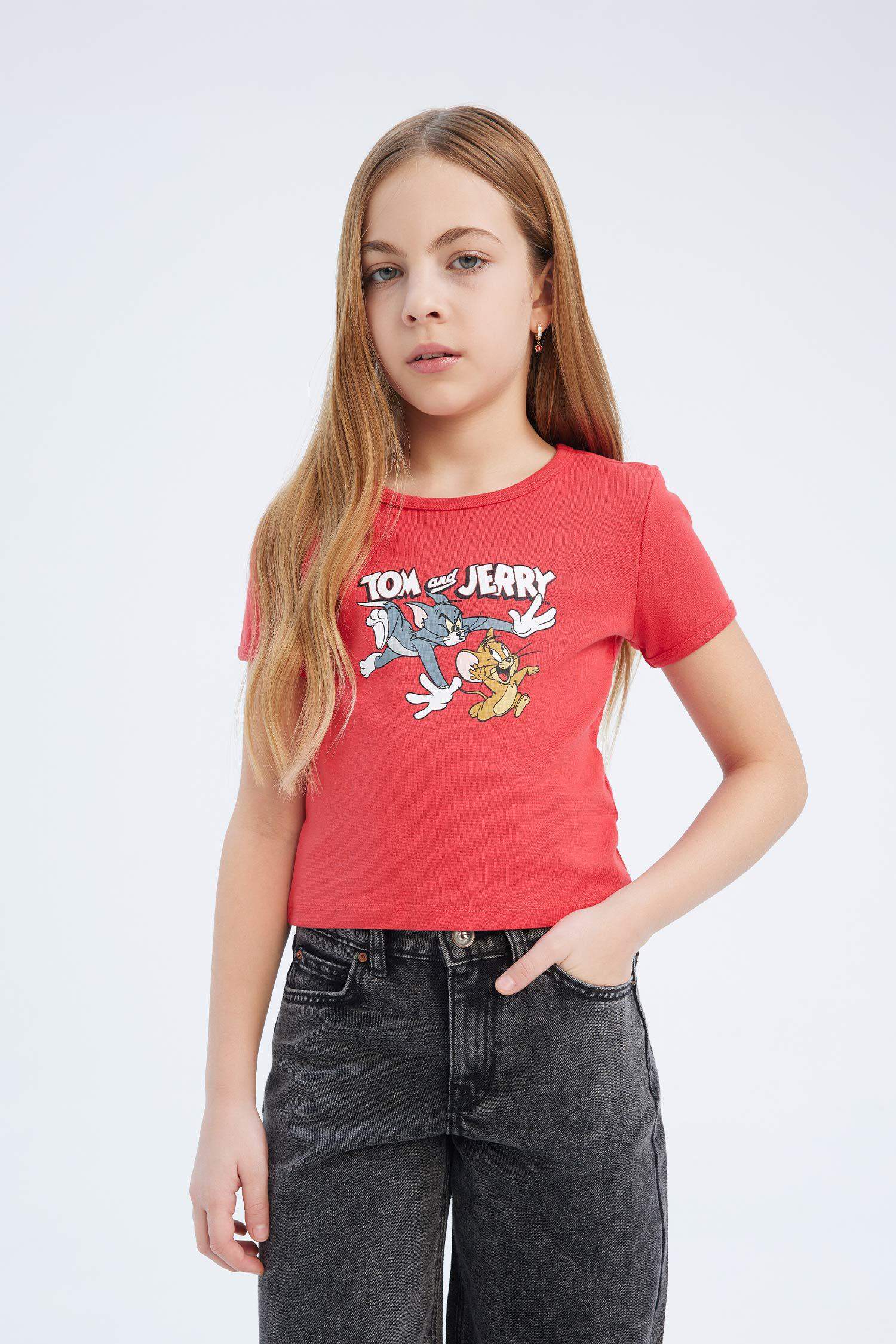 Kız Çocuk Tom & Jerry Cropped Fit Bisiklet Yaka Kısa Kollu Tişört