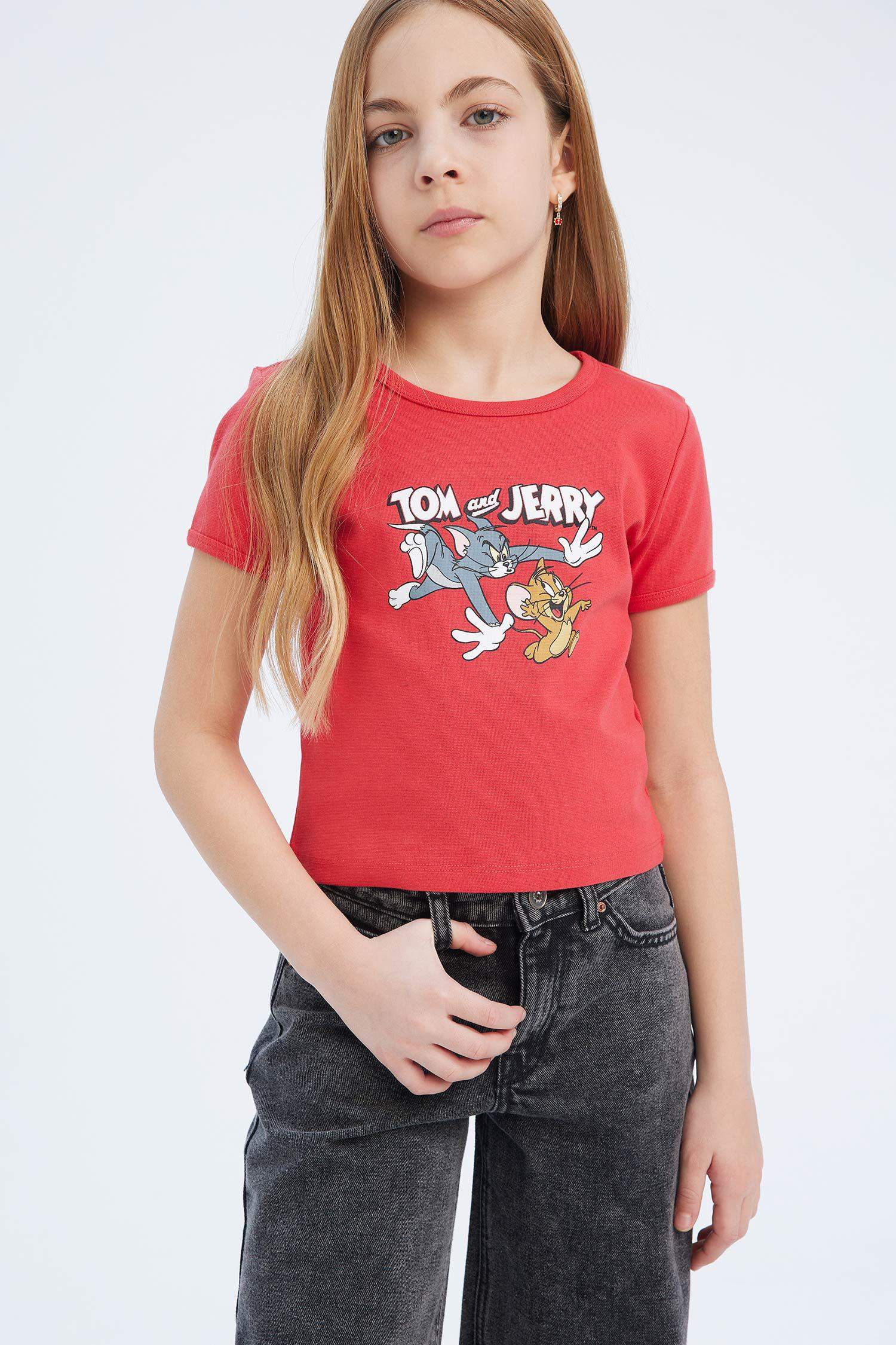 Kız Çocuk Tom & Jerry Cropped Fit Bisiklet Yaka Kısa Kollu Tişört