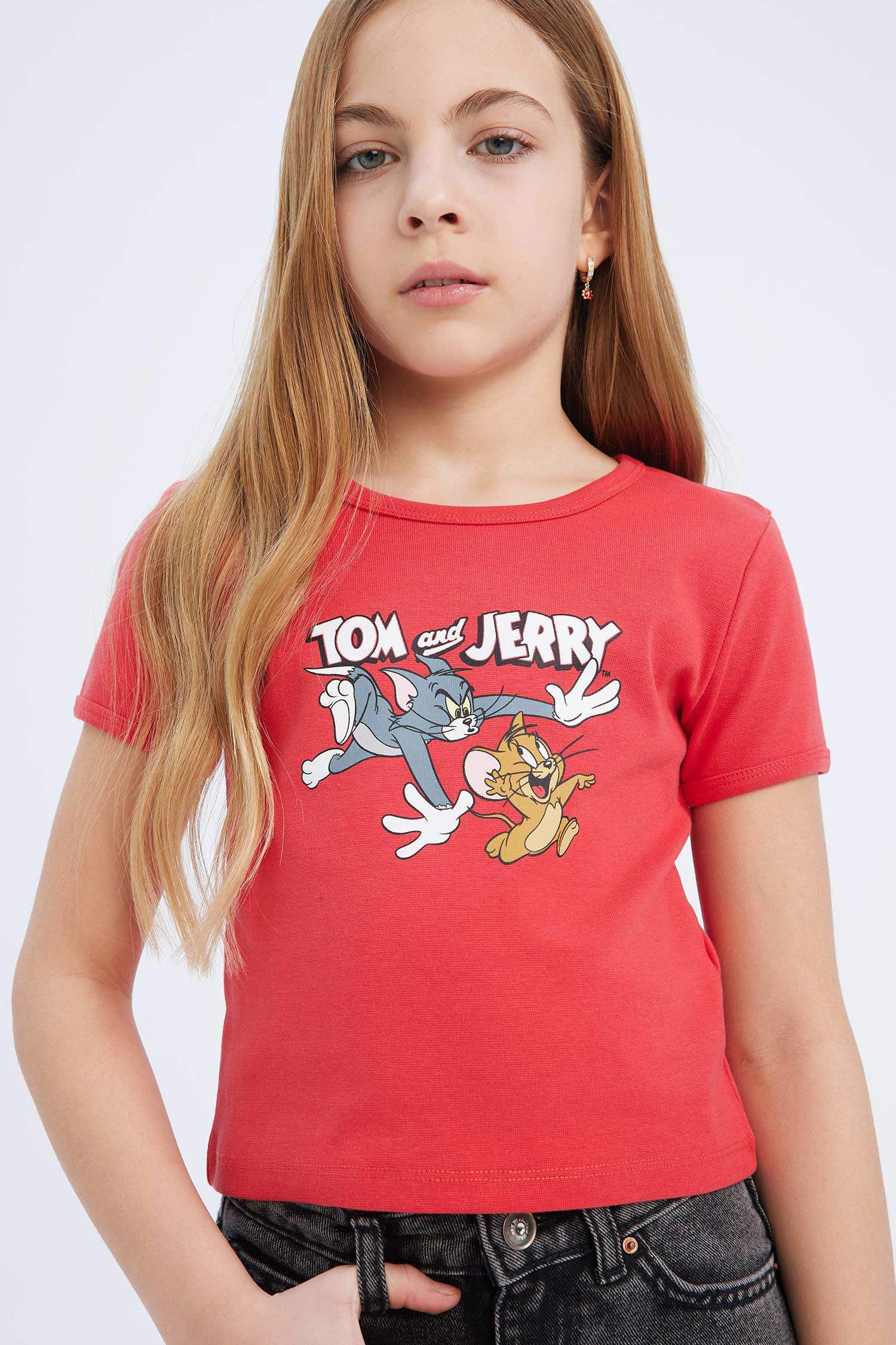 Kız Çocuk Tom & Jerry Cropped Fit Bisiklet Yaka Kısa Kollu Tişört