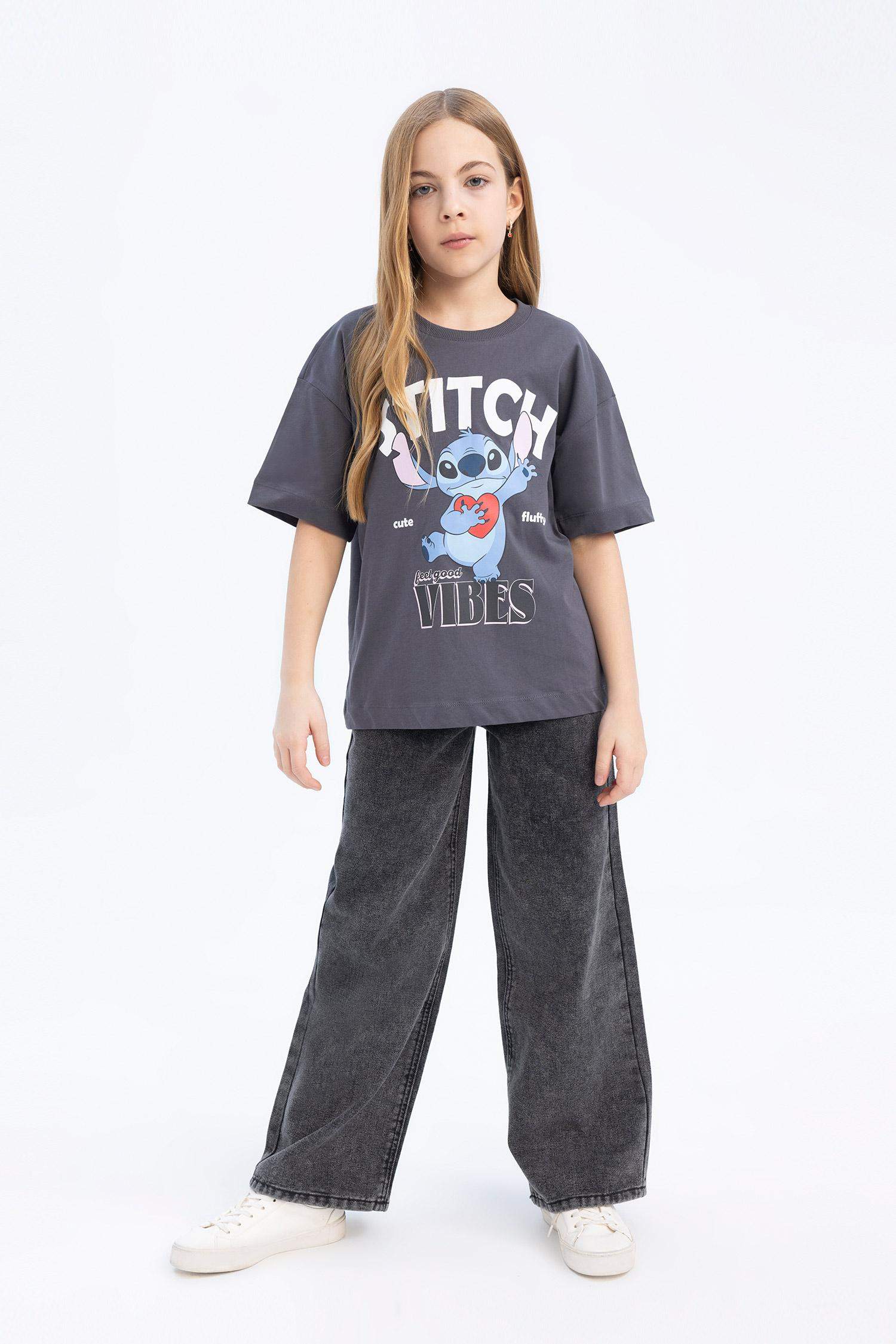 Kız Çocuk Disney Lilo & Stitch Oversize Geniş Kalıp Bisiklet Yaka Kısa Kollu Tişört