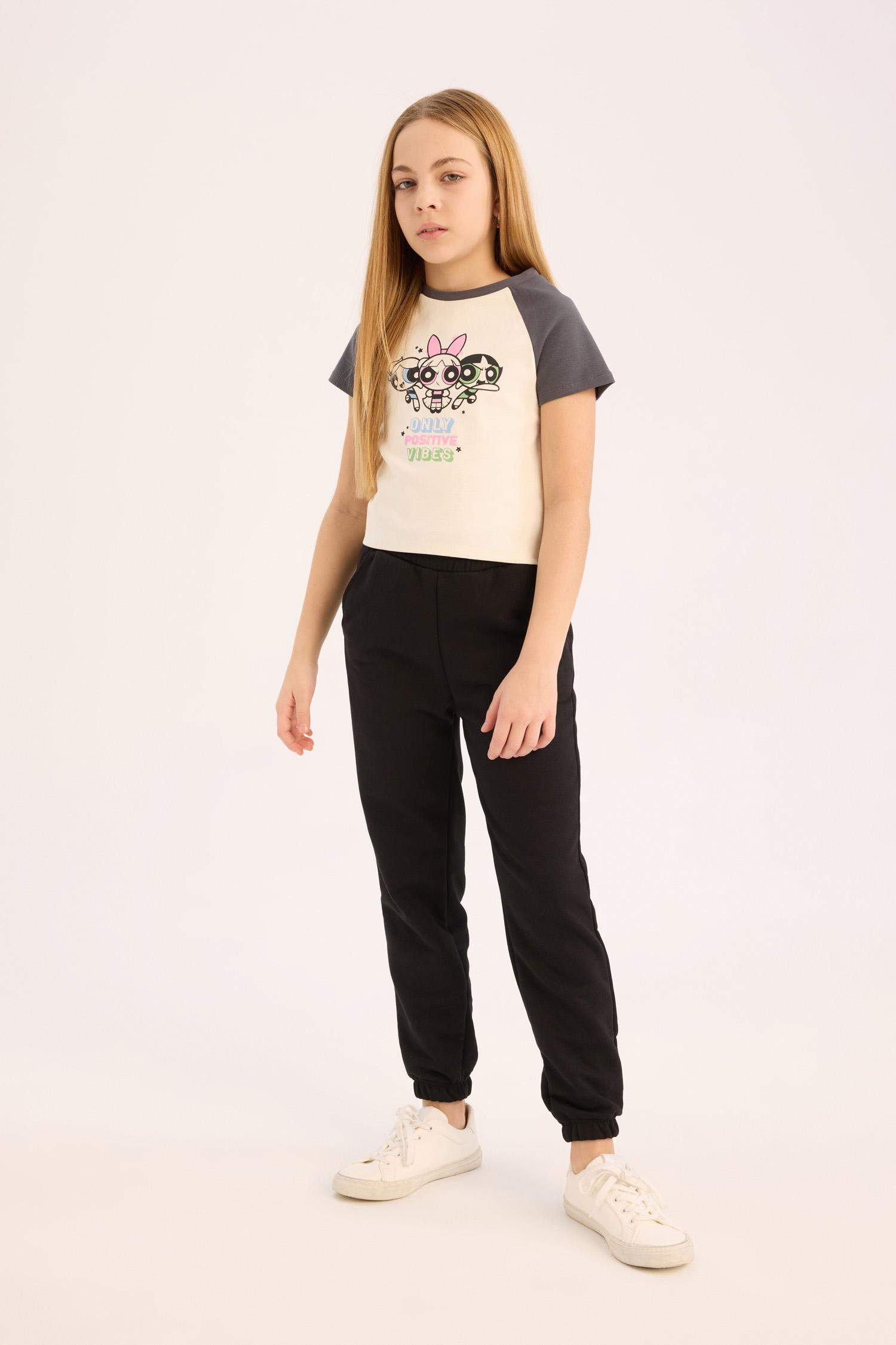 Kız Çocuk PowerPuff Girls Cropped Fit Bisiklet Yaka Fitilli Kaşkorse Kısa Kollu Tişört