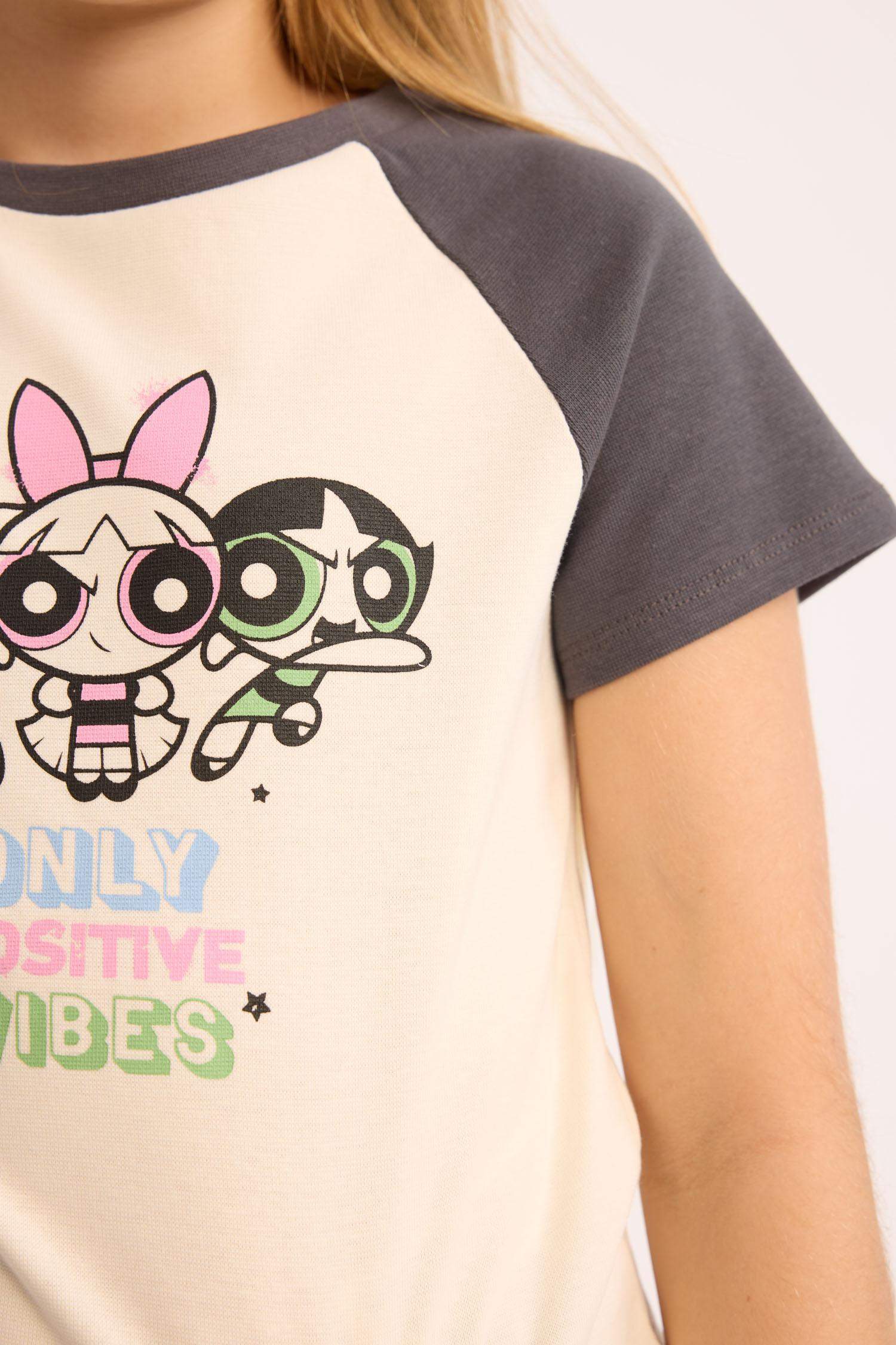 Kız Çocuk PowerPuff Girls Cropped Fit Bisiklet Yaka Fitilli Kaşkorse Kısa Kollu Tişört