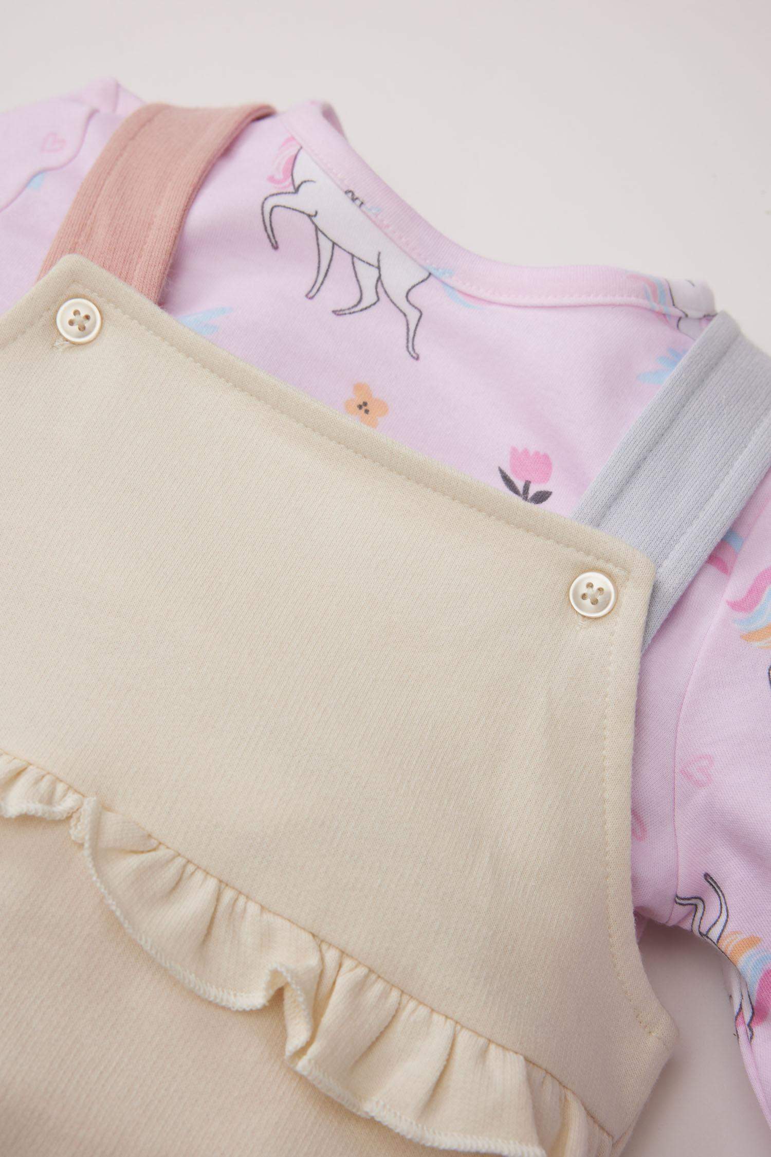 Kız Bebek 2'li Takım Unicorn Baskılı Sweatshirt Salopet Tulum