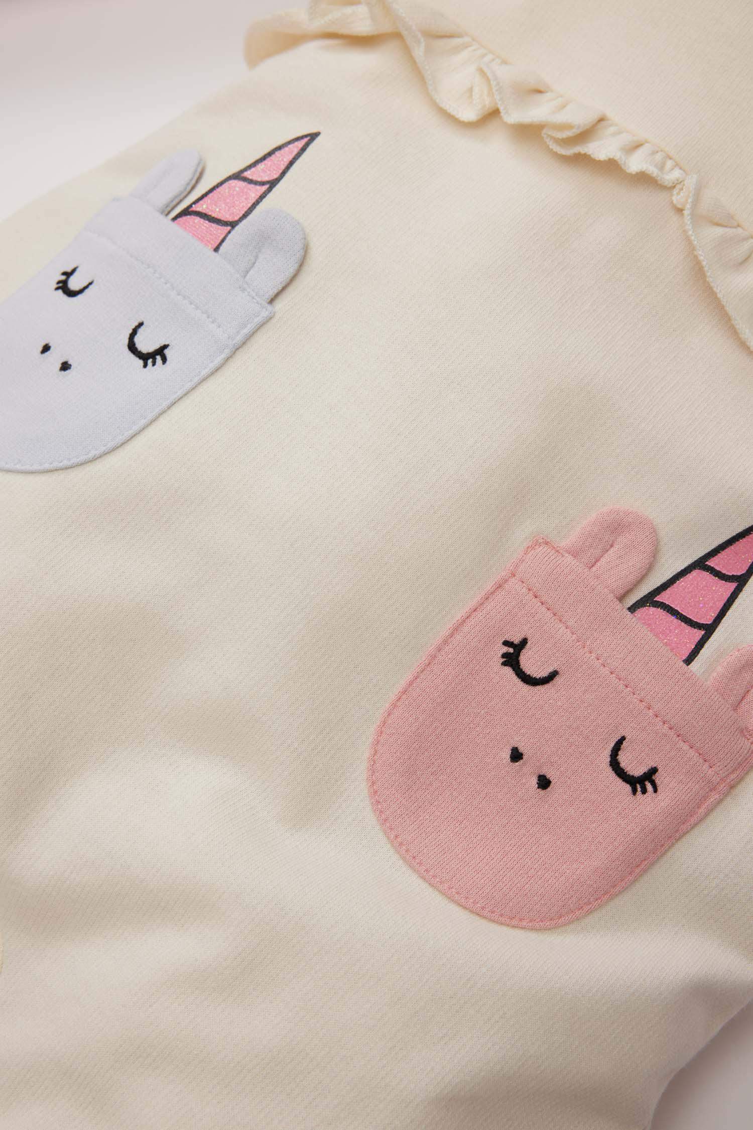 Kız Bebek 2'li Takım Unicorn Baskılı Sweatshirt Salopet Tulum