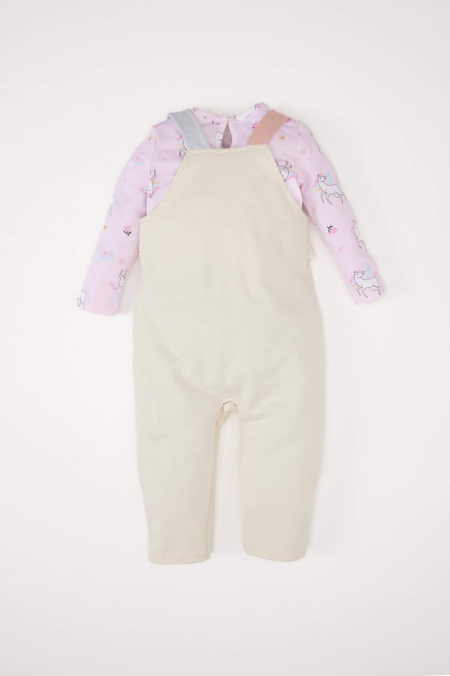 Kız Bebek 2'li Takım Unicorn Baskılı Sweatshirt Salopet Tulum