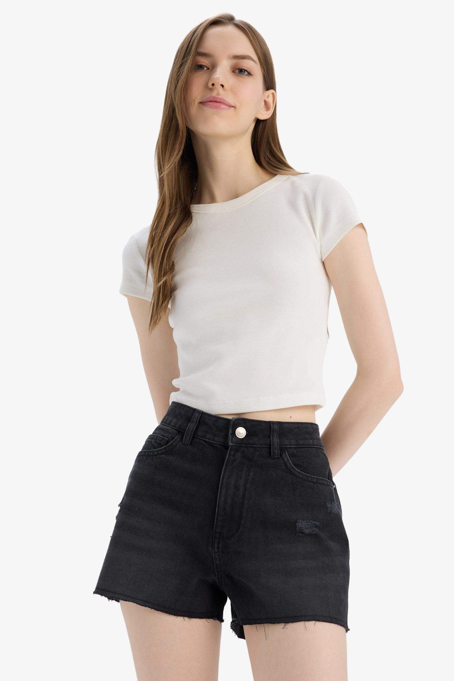 Denim Normal Waist Short Leg Shorts