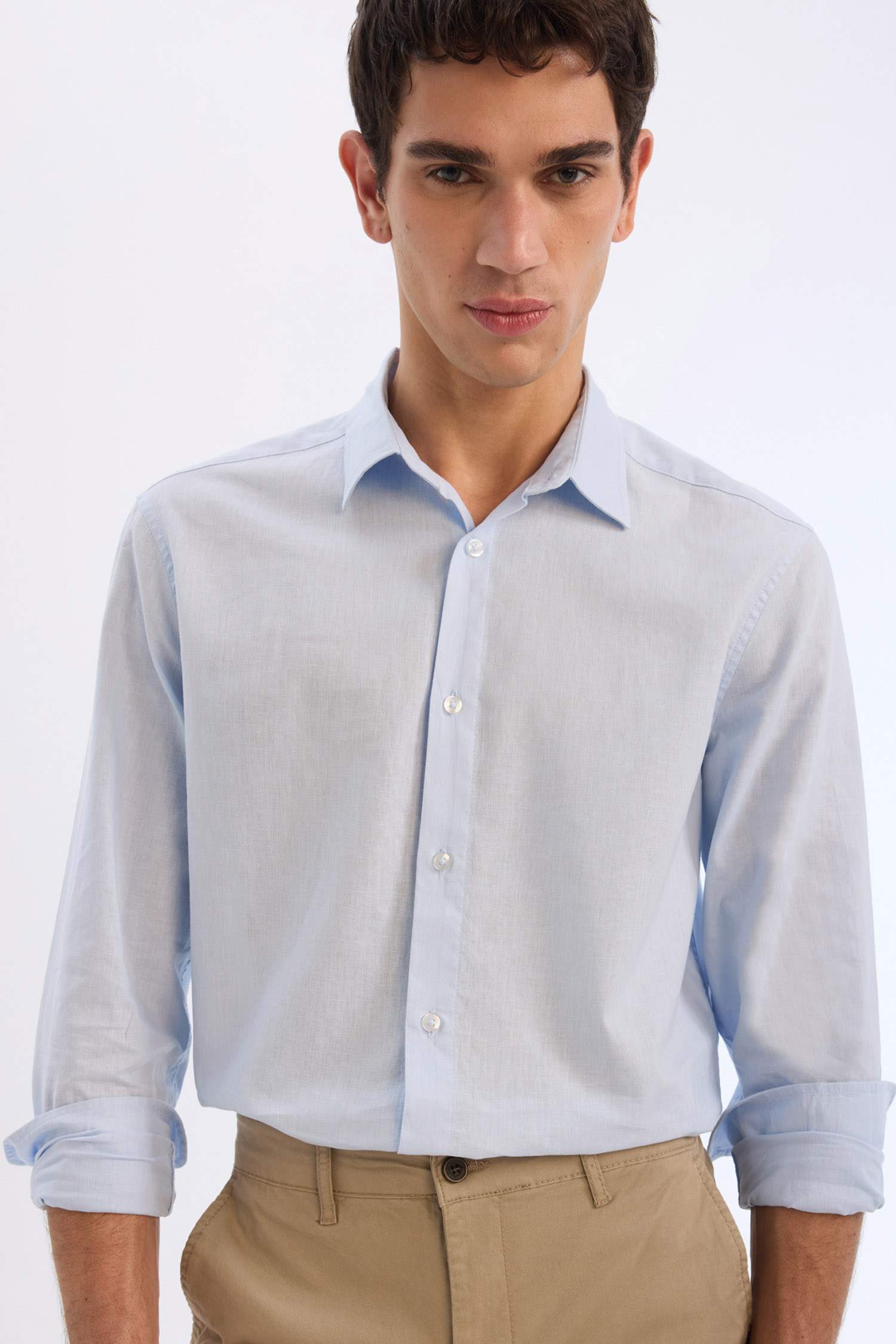 Regular Fit Polo Yaka Keten Karışımlı Yazlık Uzun Kollu Gömlek