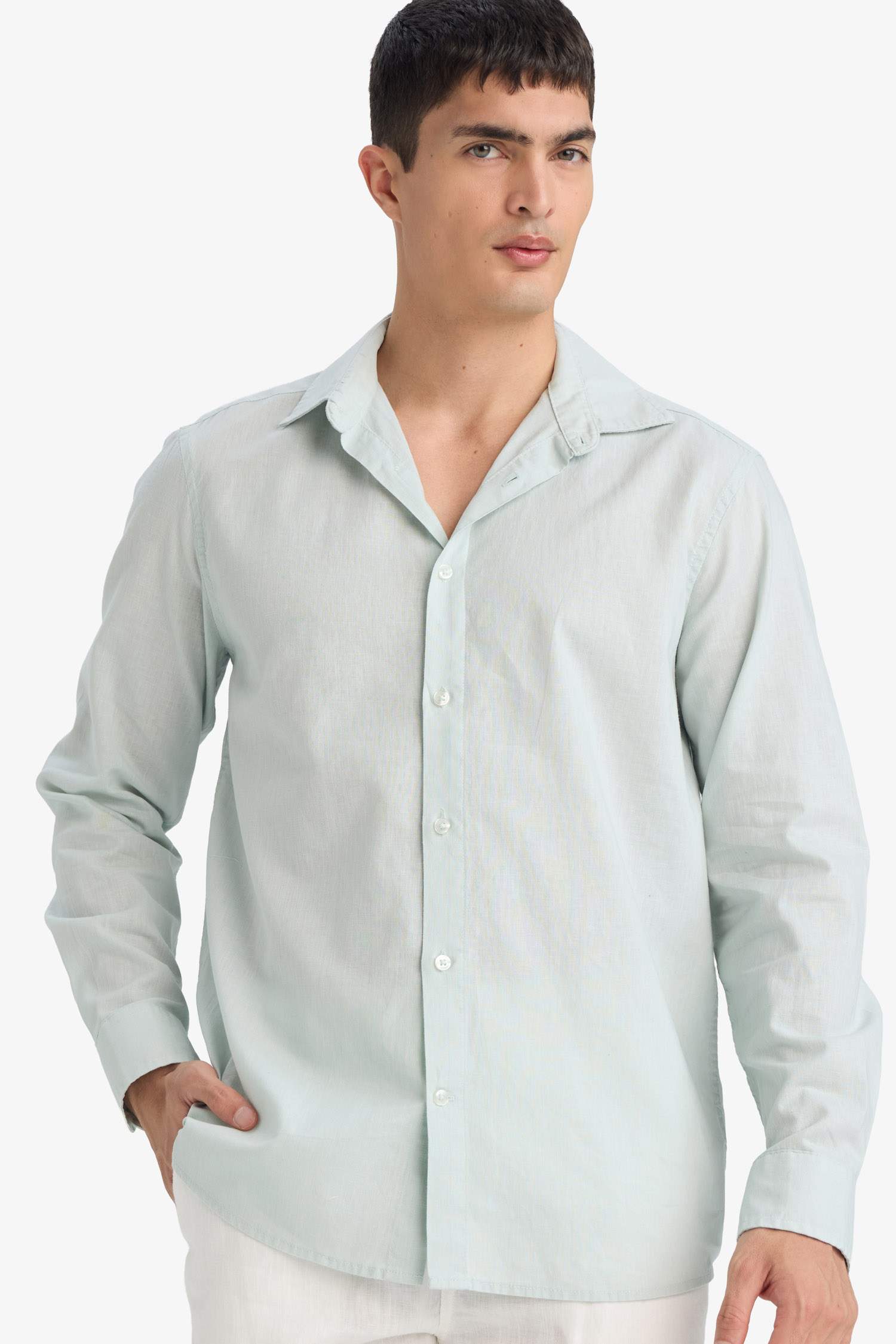 Регулярного кроя летняя рубашка с длинными рукавами и воротником поло из льняной смеси